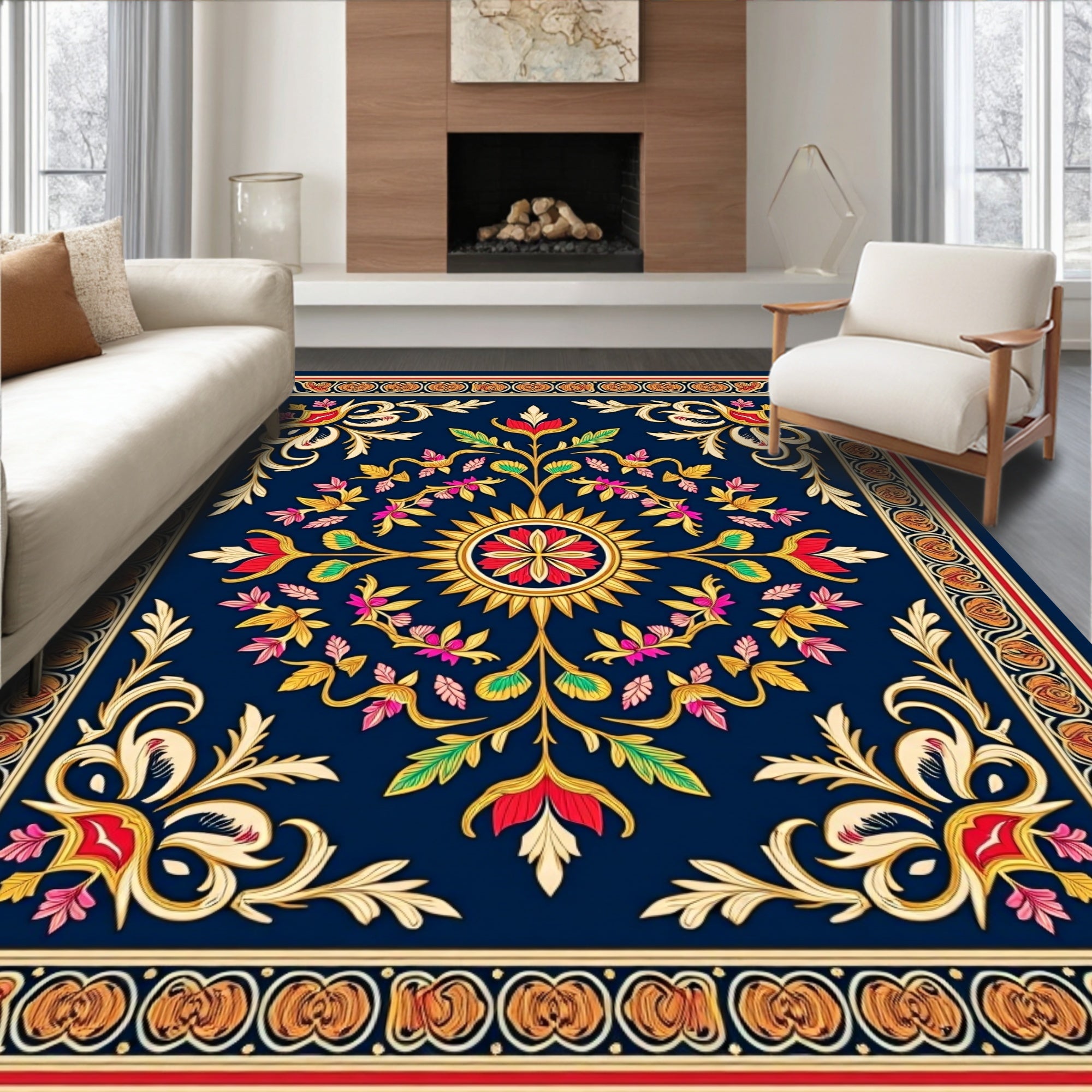 Ornate Floral Medallion Navy Rug