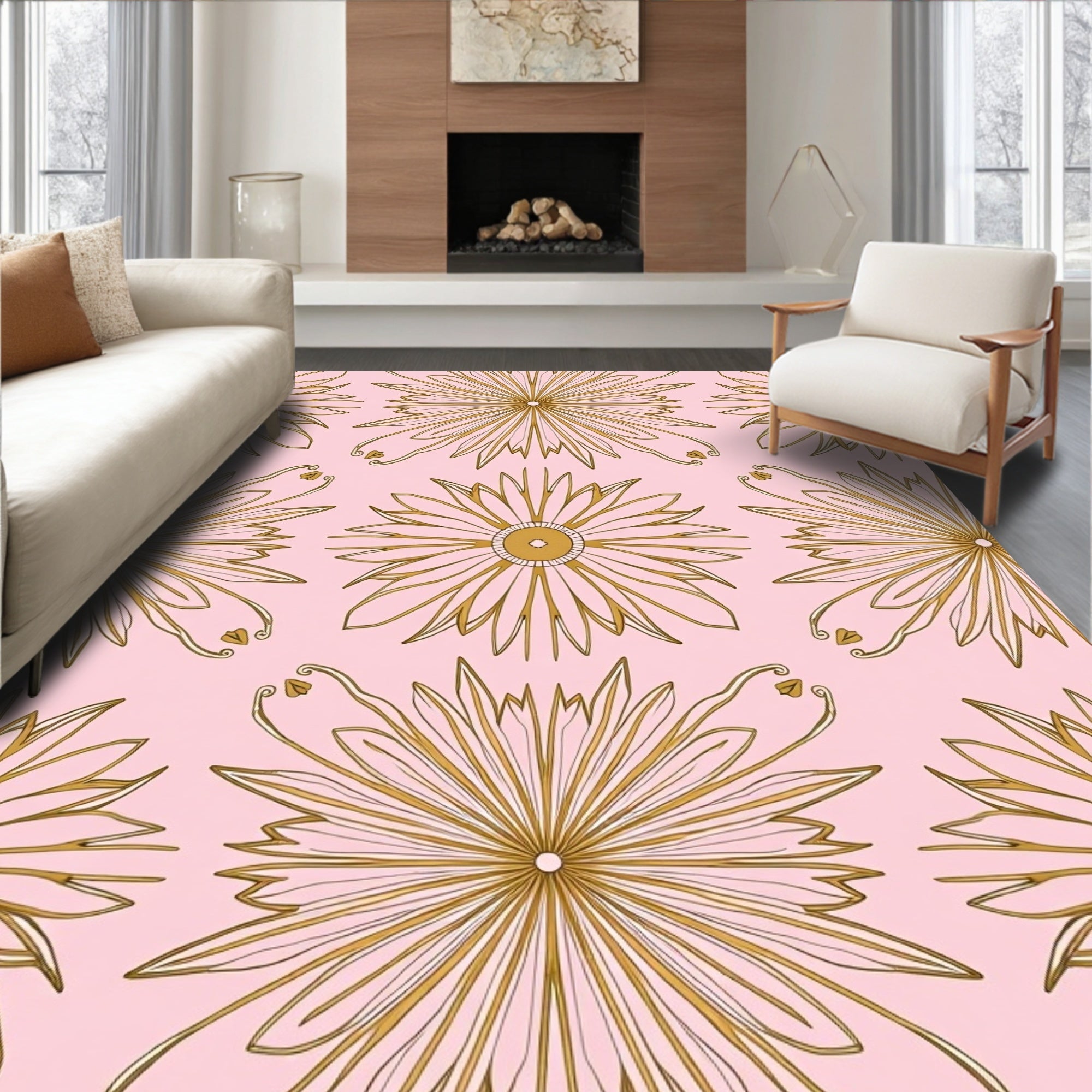 Golden Starburst Floral Pattern Rug