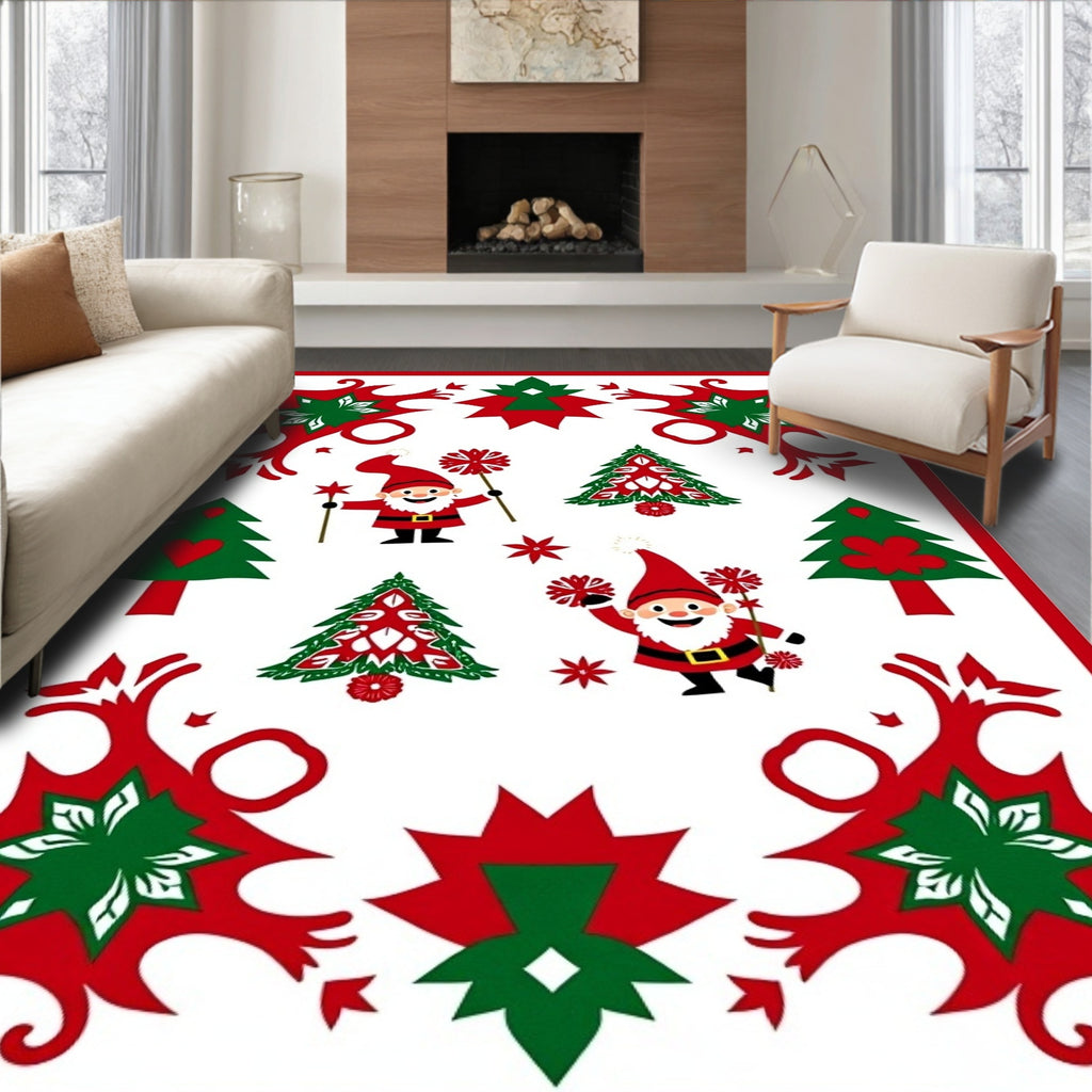 Whimsical Red Green Gnome Christmas Trees Rug