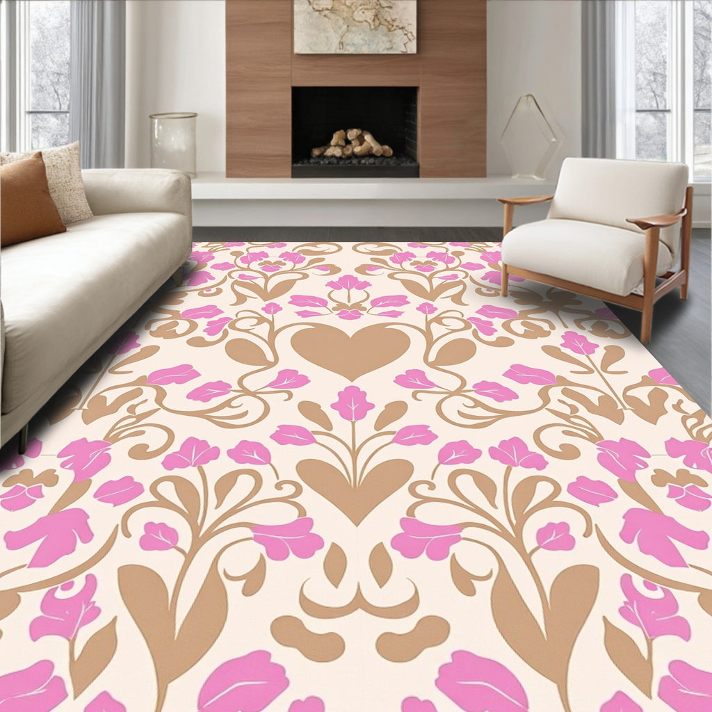 Pink Tan Floral Heart Damask Scroll Rug