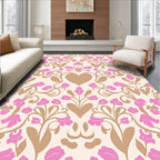 Pink Tan Floral Heart Damask Scroll Rug