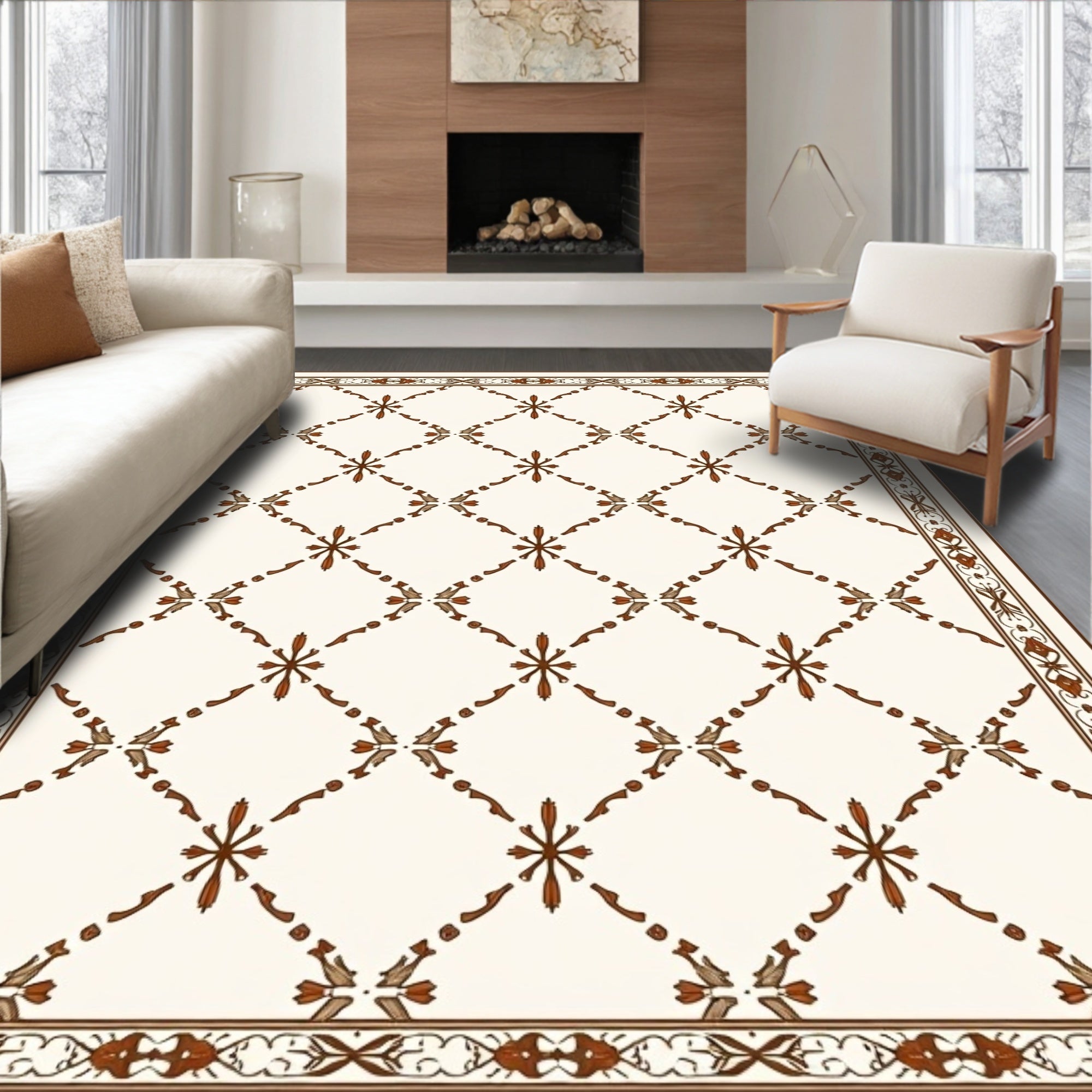 Ornate Cream Lattice Floral Rug