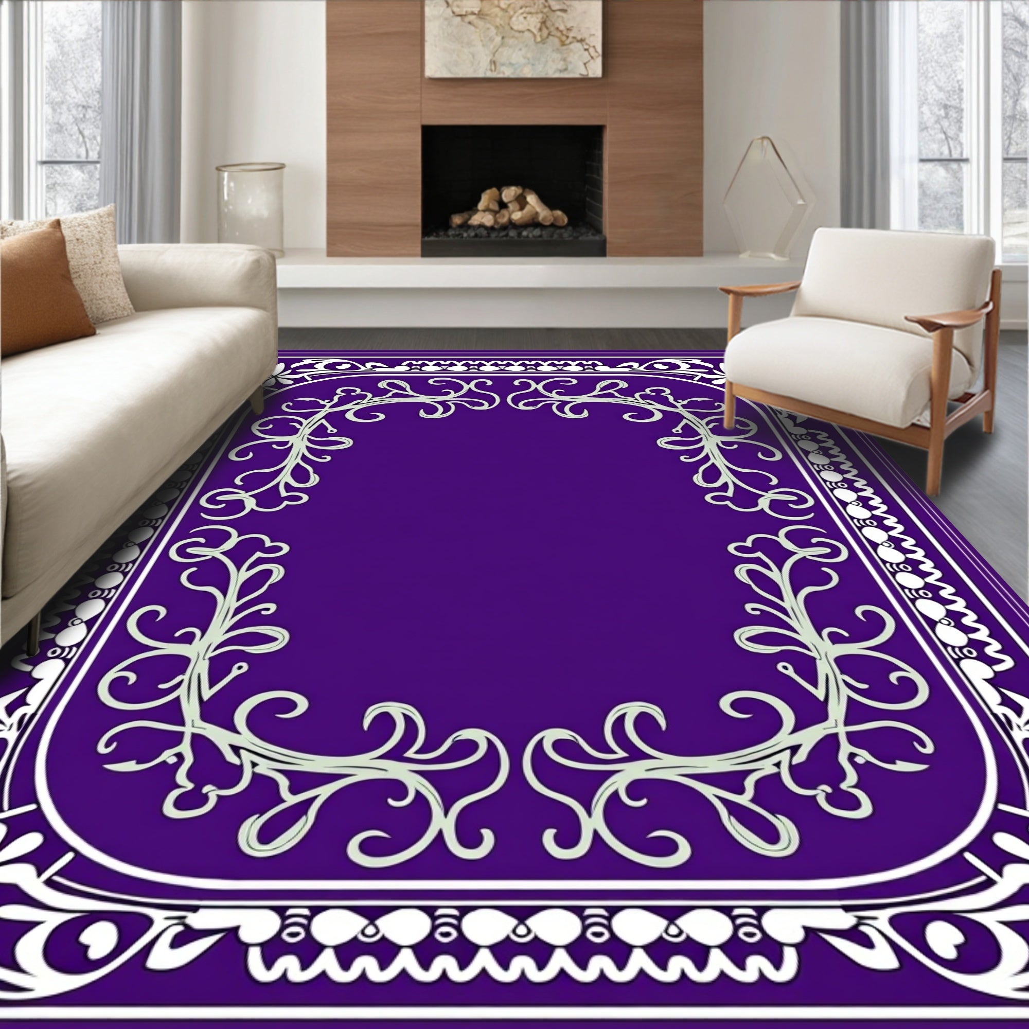 Elegant Purple White Floral Scroll Pattern Rug