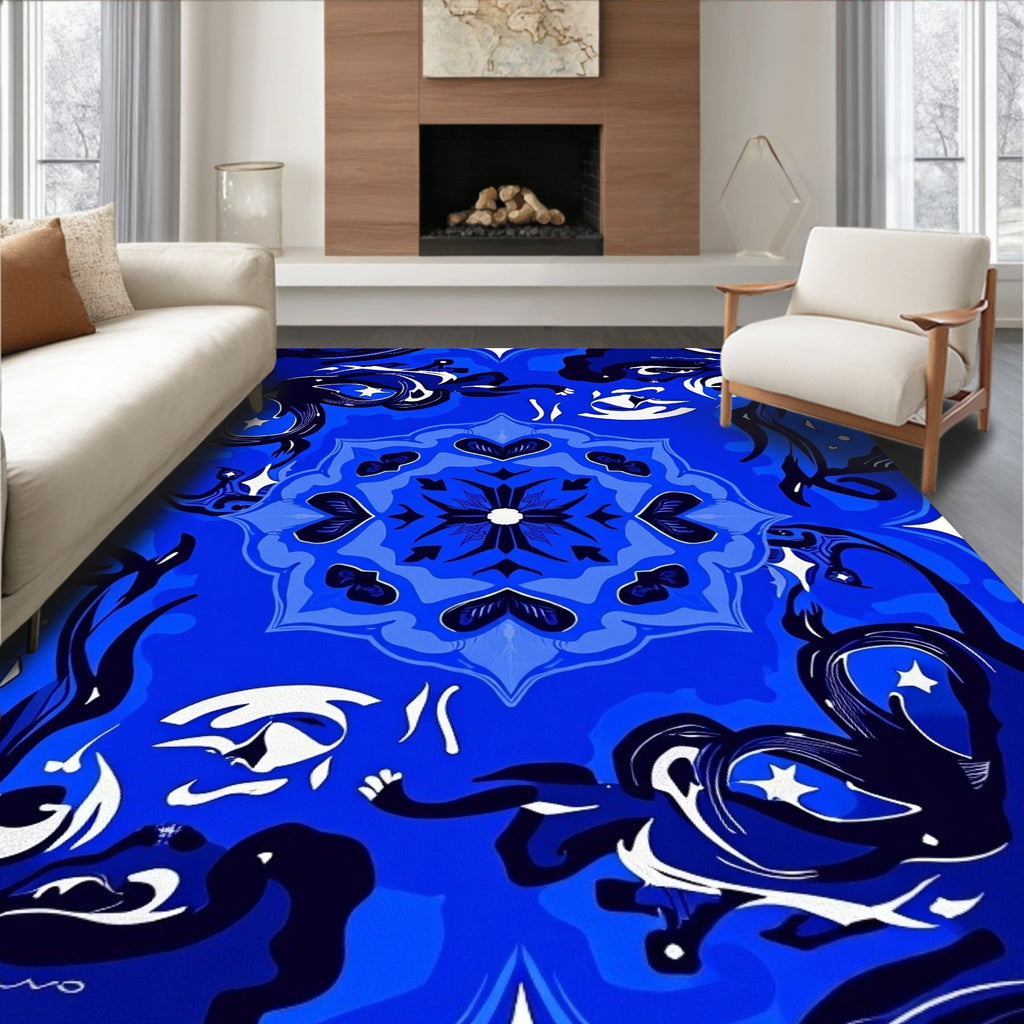 Deep Blue Abstract Swirls Mandala Rug
