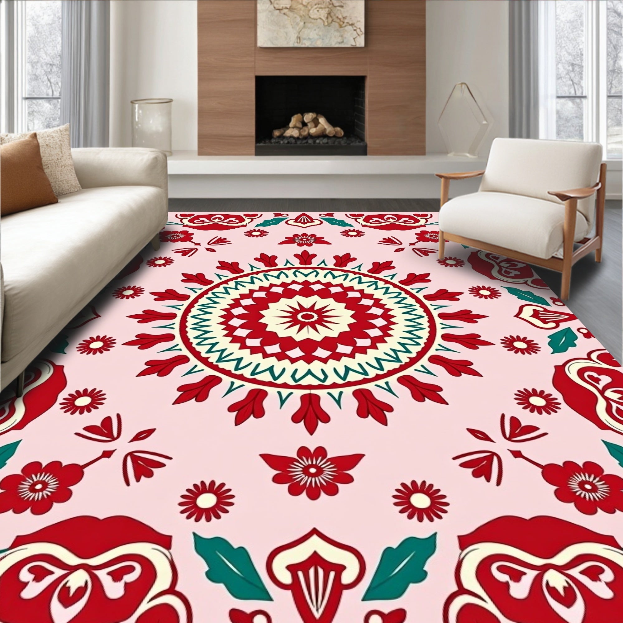 Red Green Floral Mandala Rug
