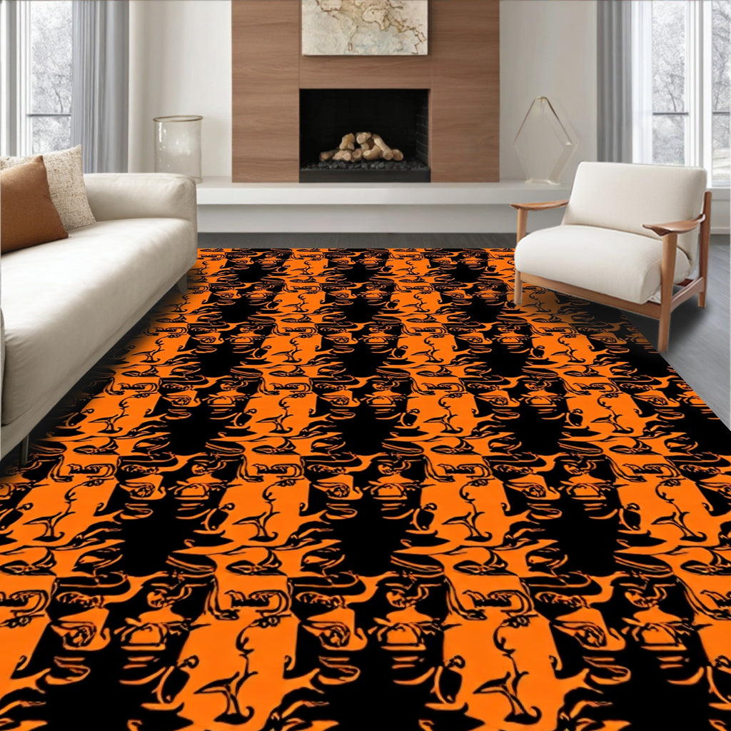 Orange Black Abstract Figures Pattern Rug