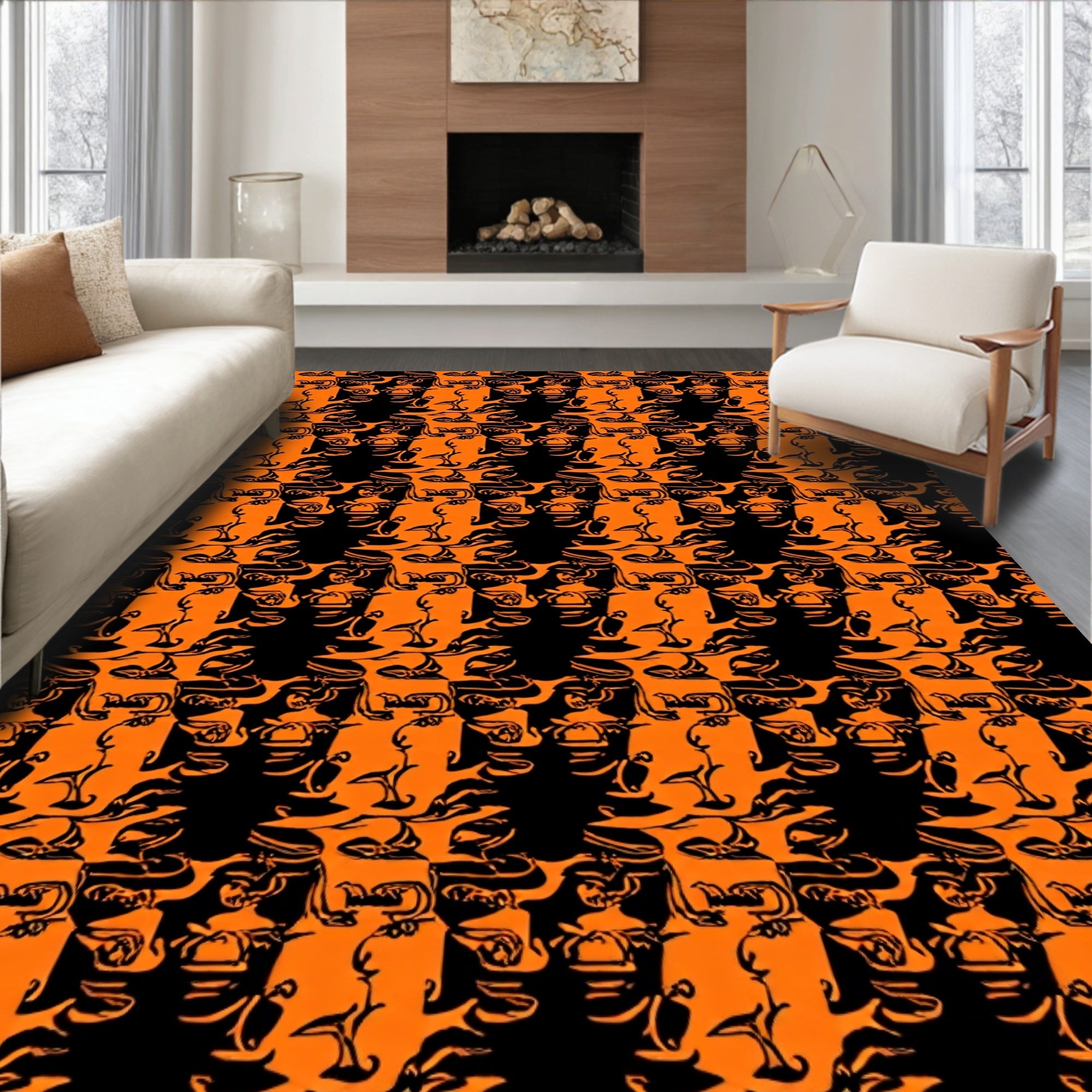 Orange Black Abstract Figures Pattern Rug