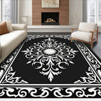 Black White Elaborate Floral Medallion Rug