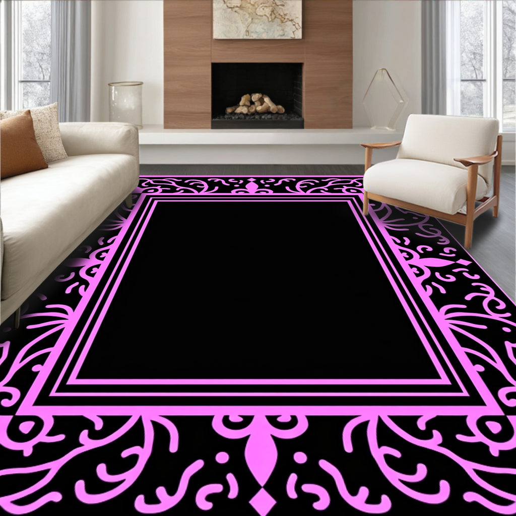Ornate Pink Vine Scroll Design Rug