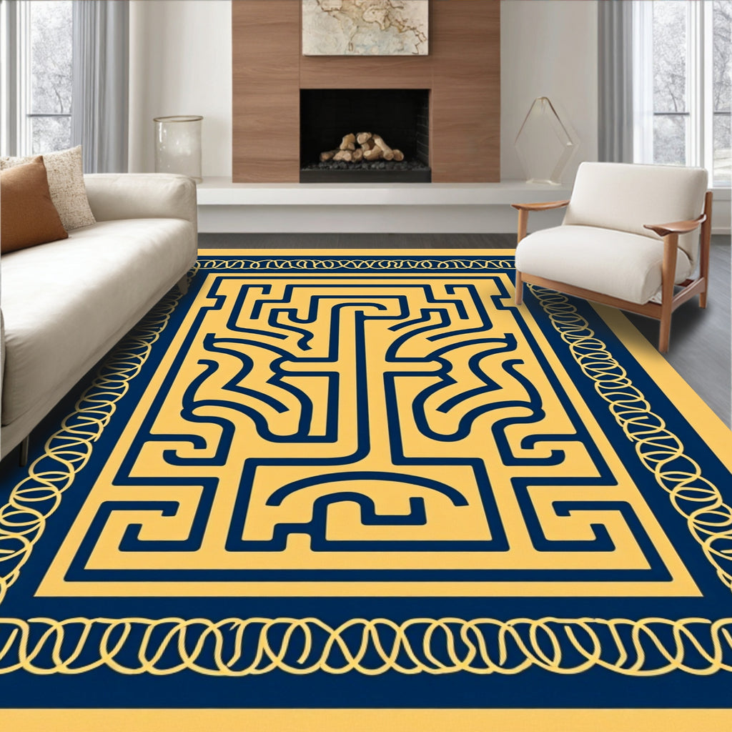 Bold Blue Maze Geometric Abstract Rug