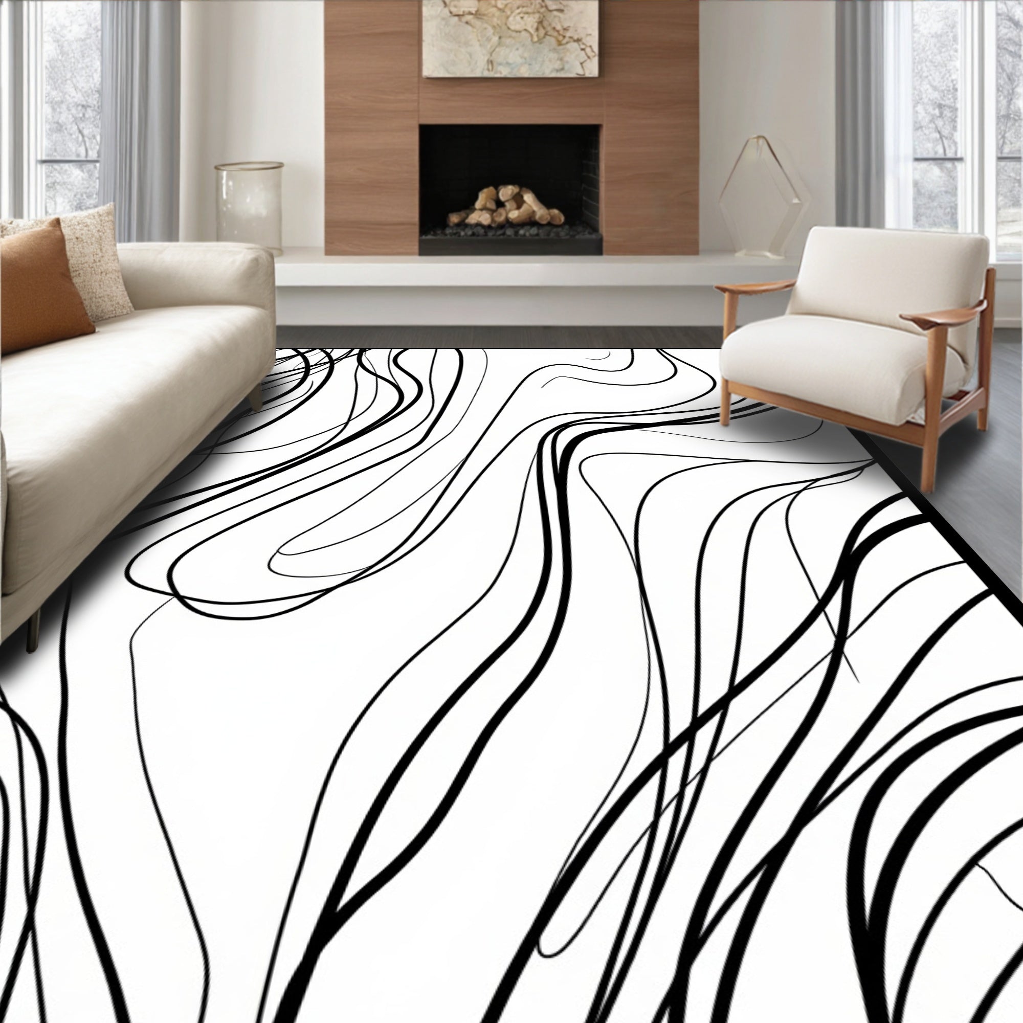 Bold Black White Abstract Lines Rug