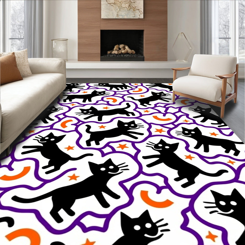 Whimsical Black Cats Purple Outline Rug