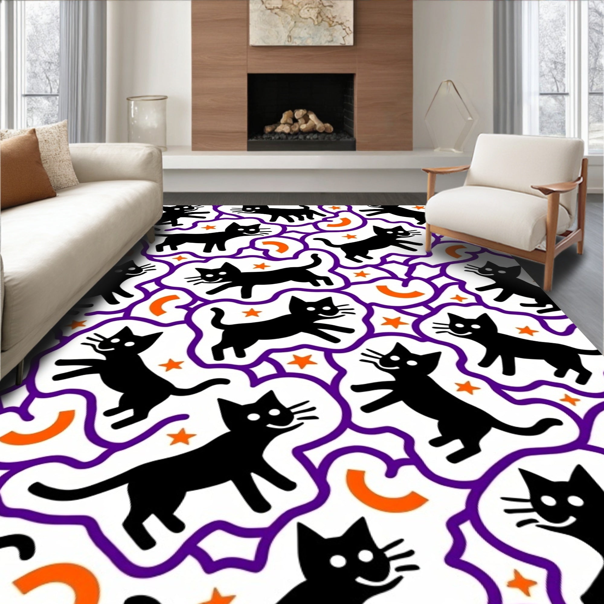 Whimsical Black Cats Purple Outline Rug