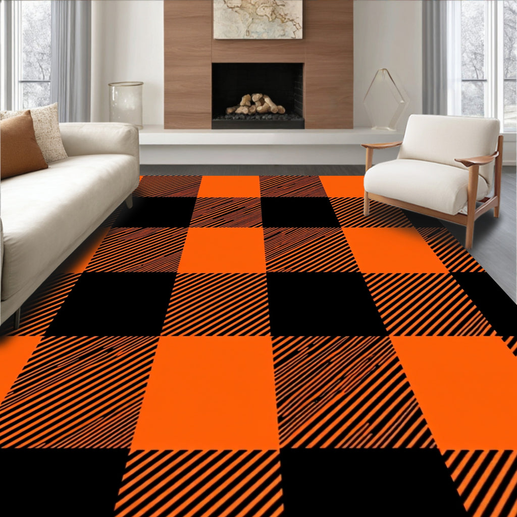 Bold Black Orange Plaid Design Rug