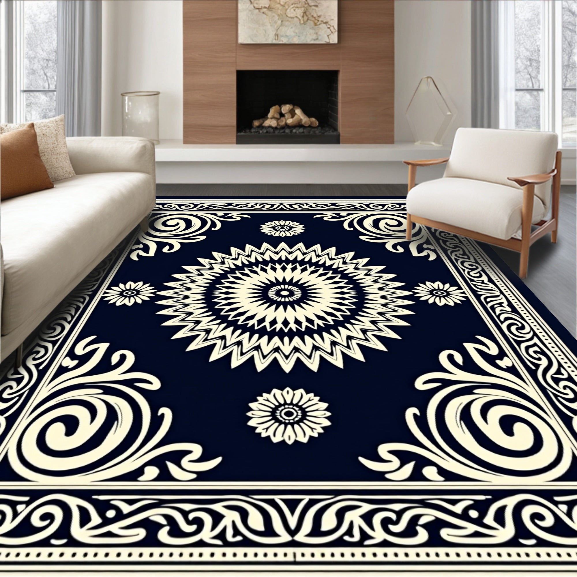 Cream Starburst Floral Motif Rug
