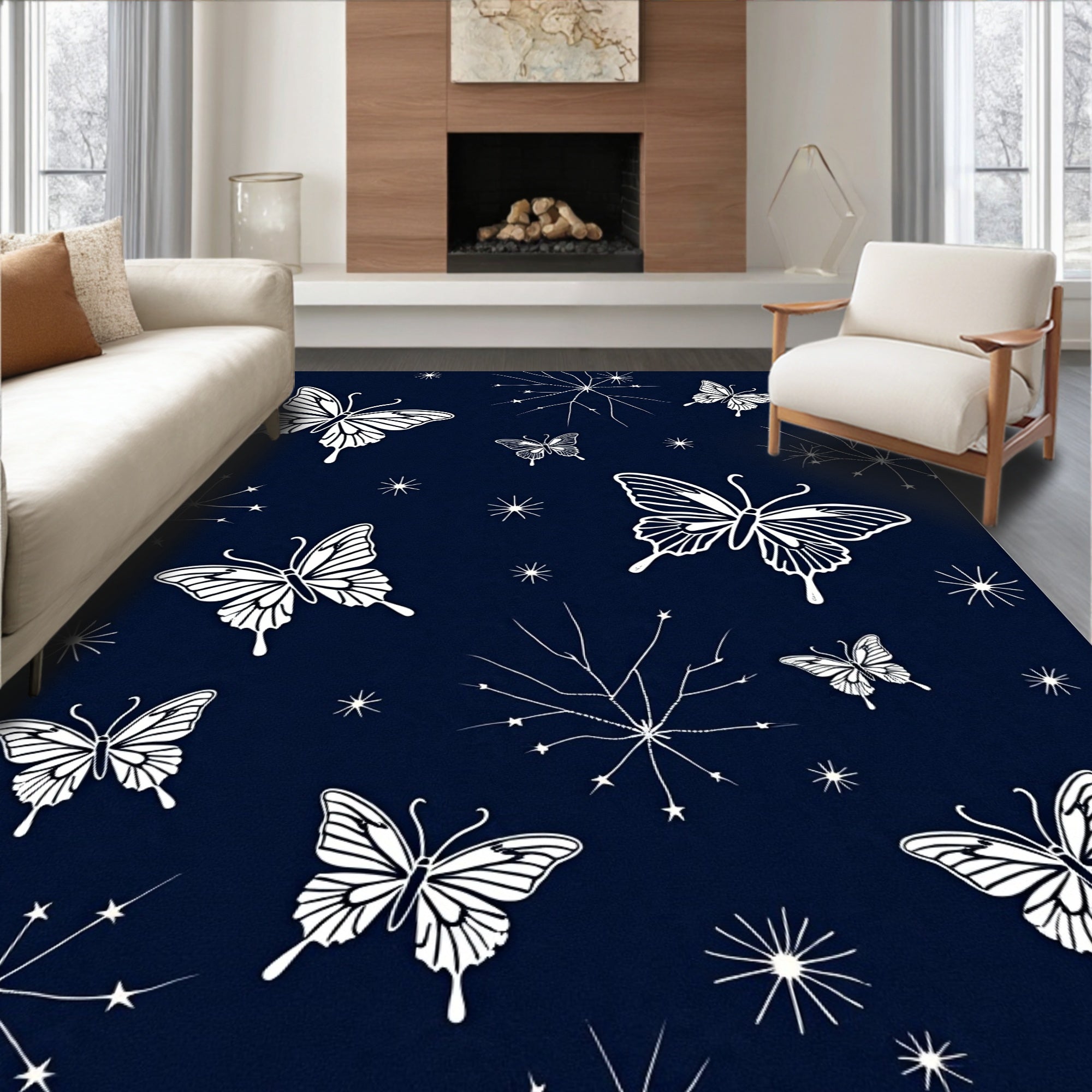 White Butterfly And Starburst Pattern Rug