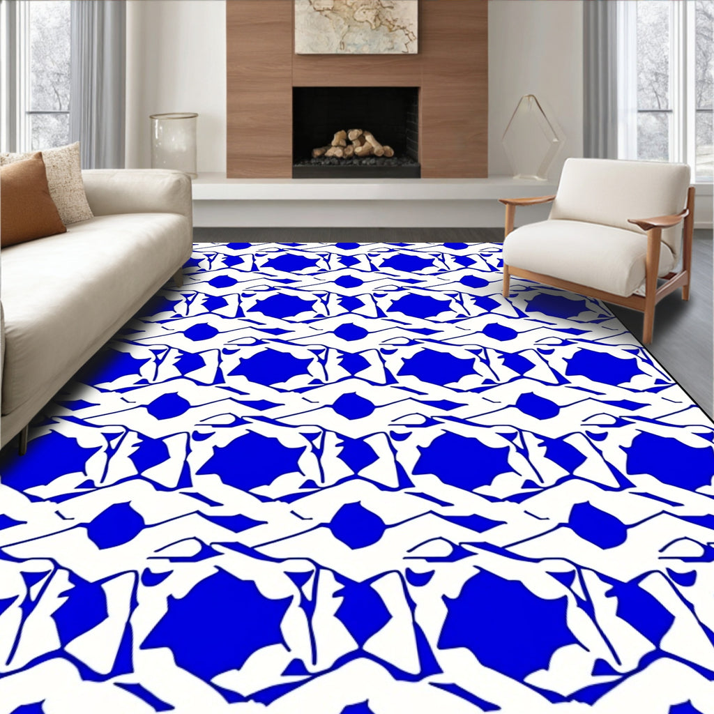Bold Blue White Abstract Pattern Rug