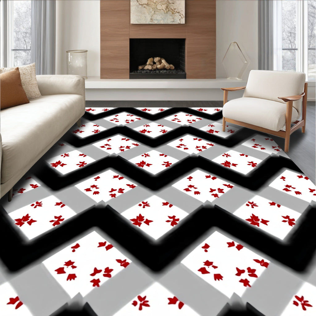 Bold Red Floral Chevron Pattern Rug