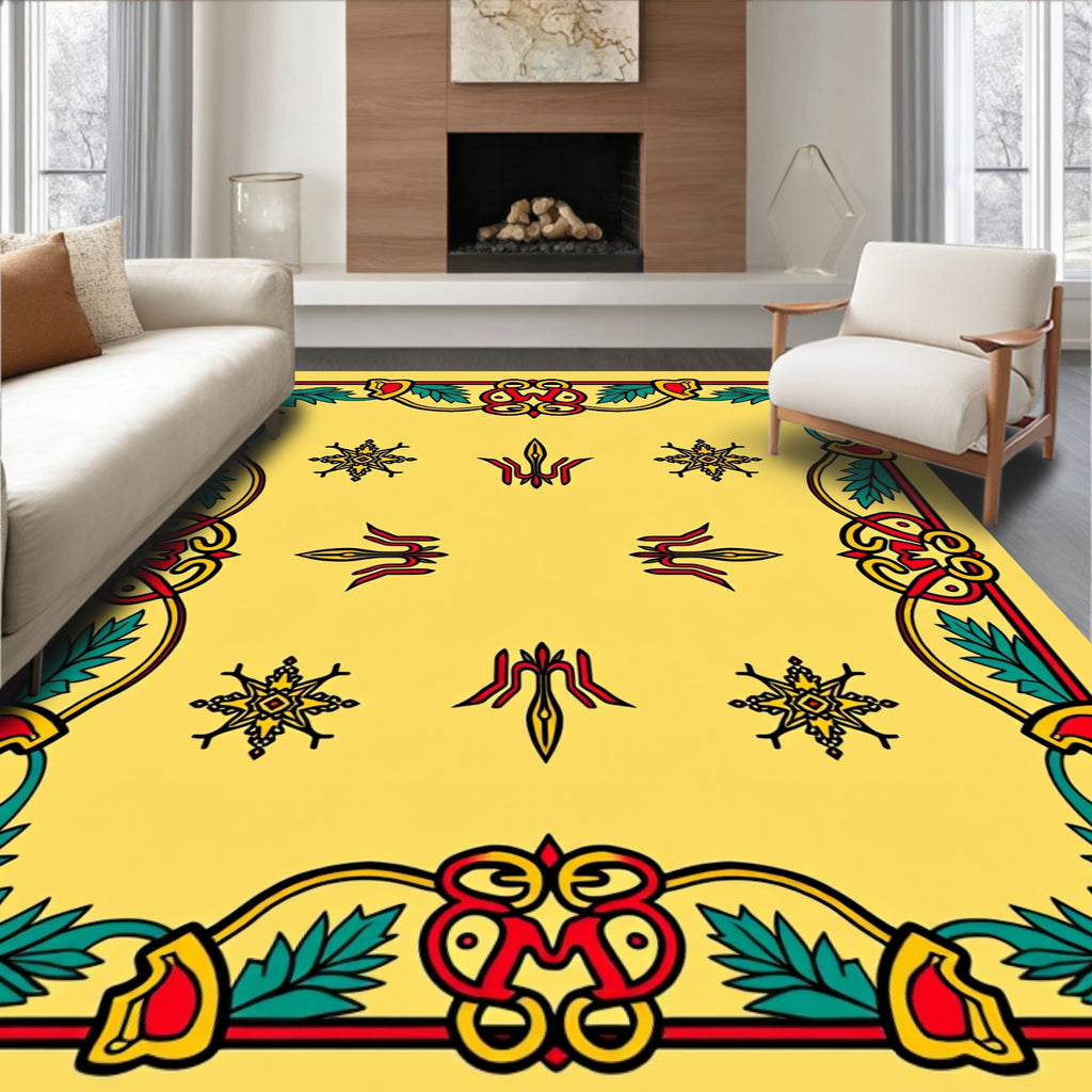 Bold Yellow Red Green Floral Design Rug