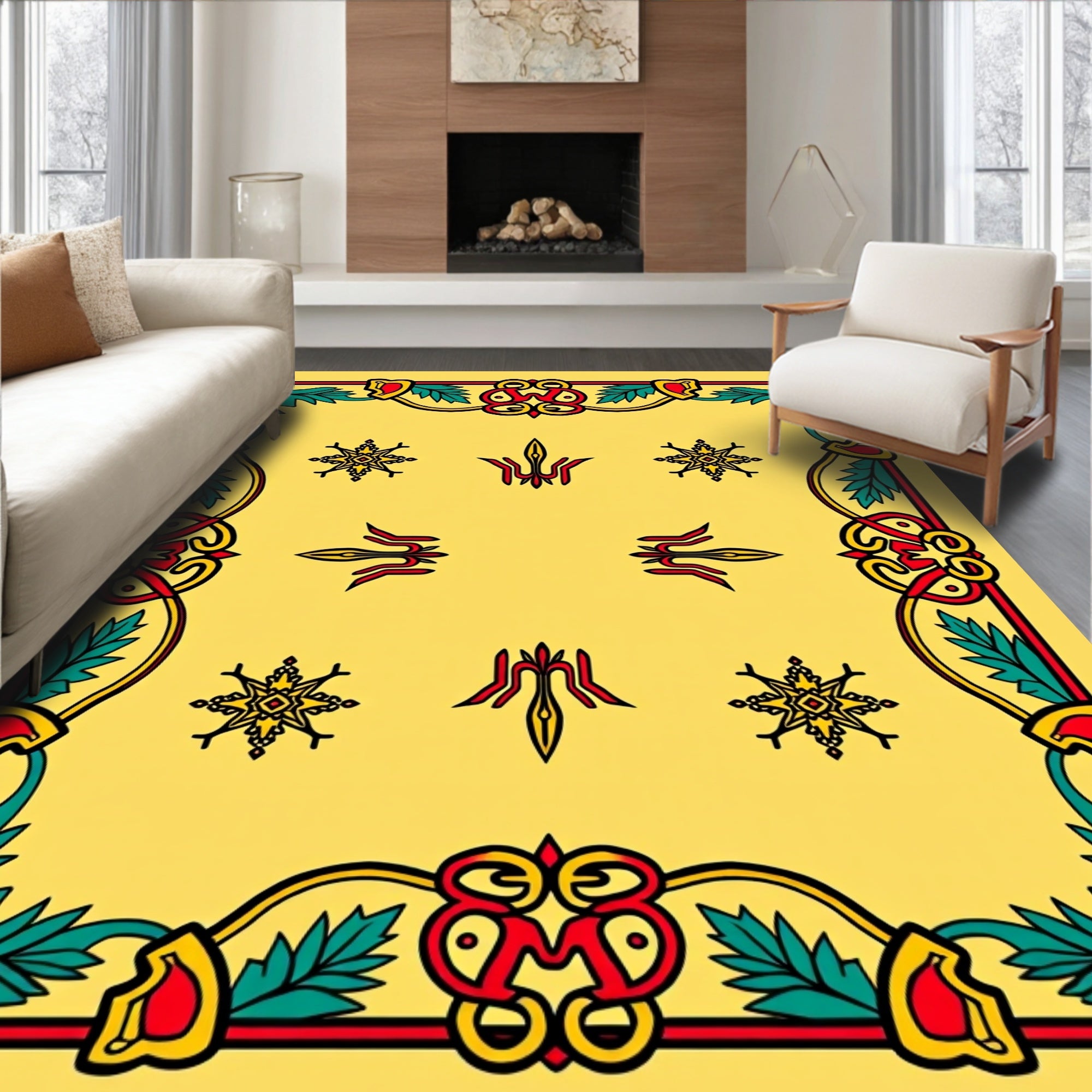 Bold Yellow Red Green Floral Design Rug