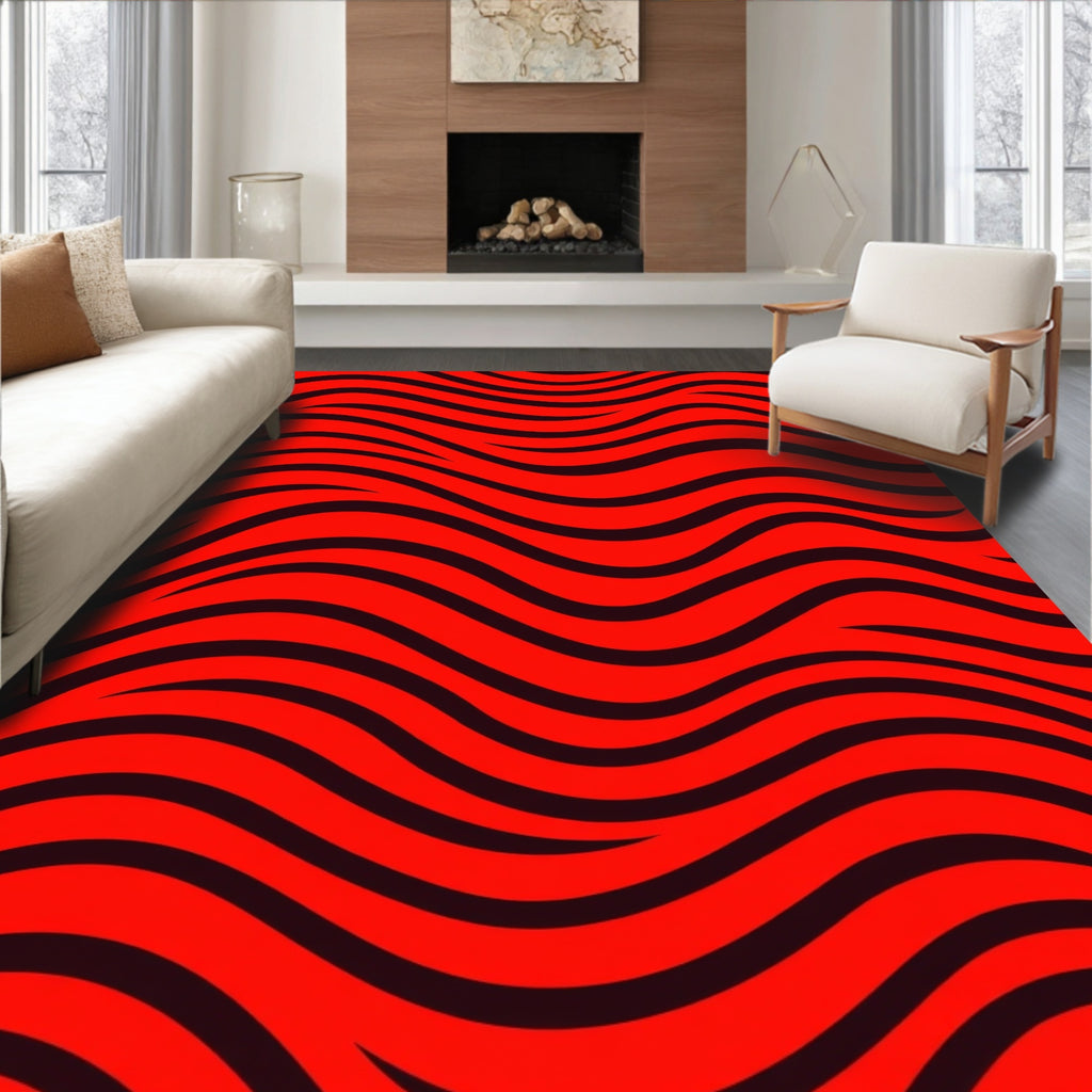 Bold Red Black Wavy Stripes Rug