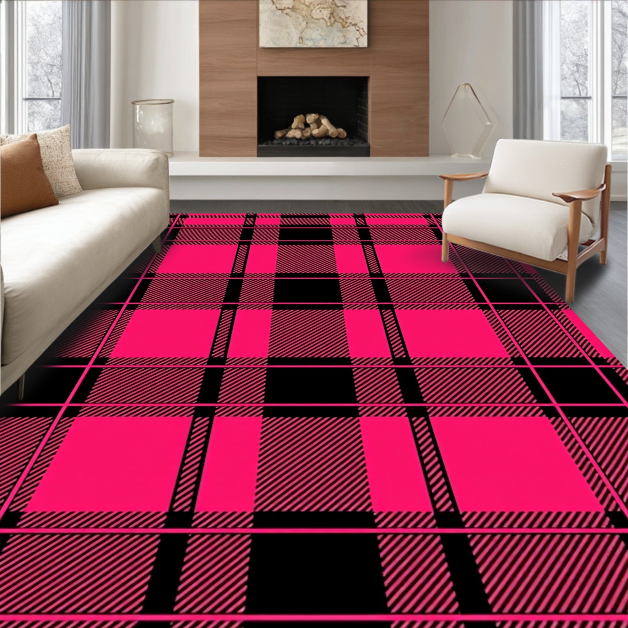 Bold Pink Black Plaid Pattern Rug