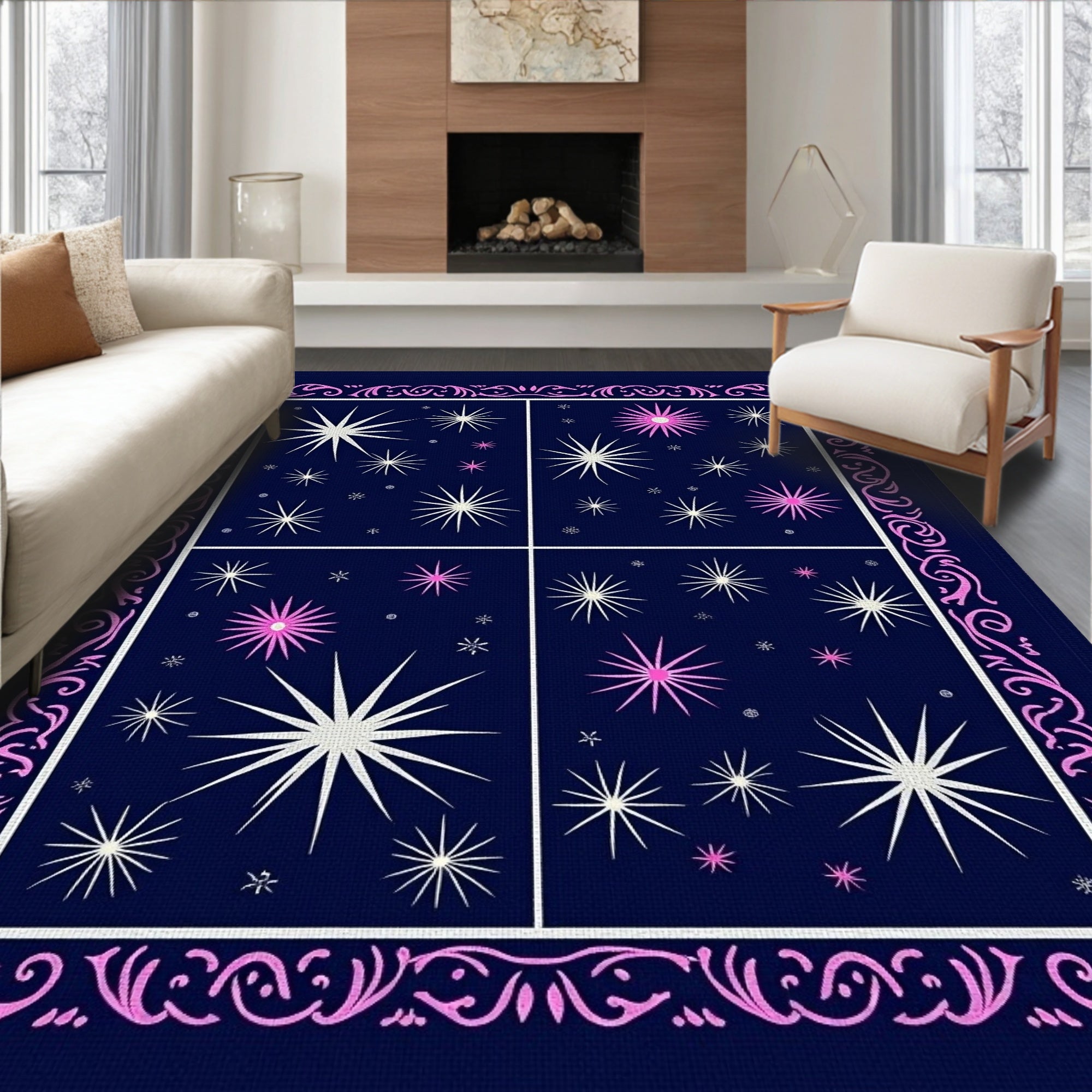 Midnight Blue Pink Starburst Panels Rug