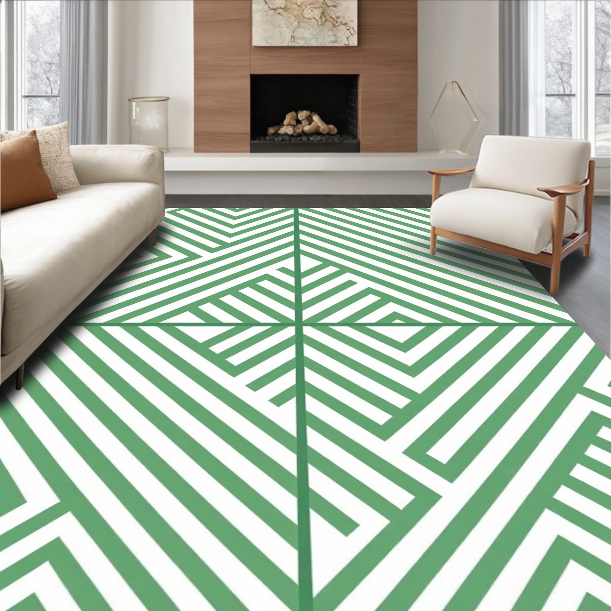 Green White Geometric Stripe Pattern Rug