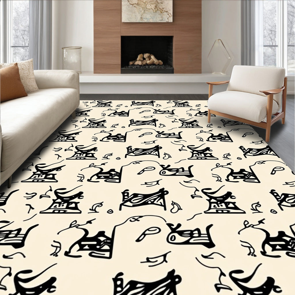 Abstract Sculptural Black White Pattern Rug