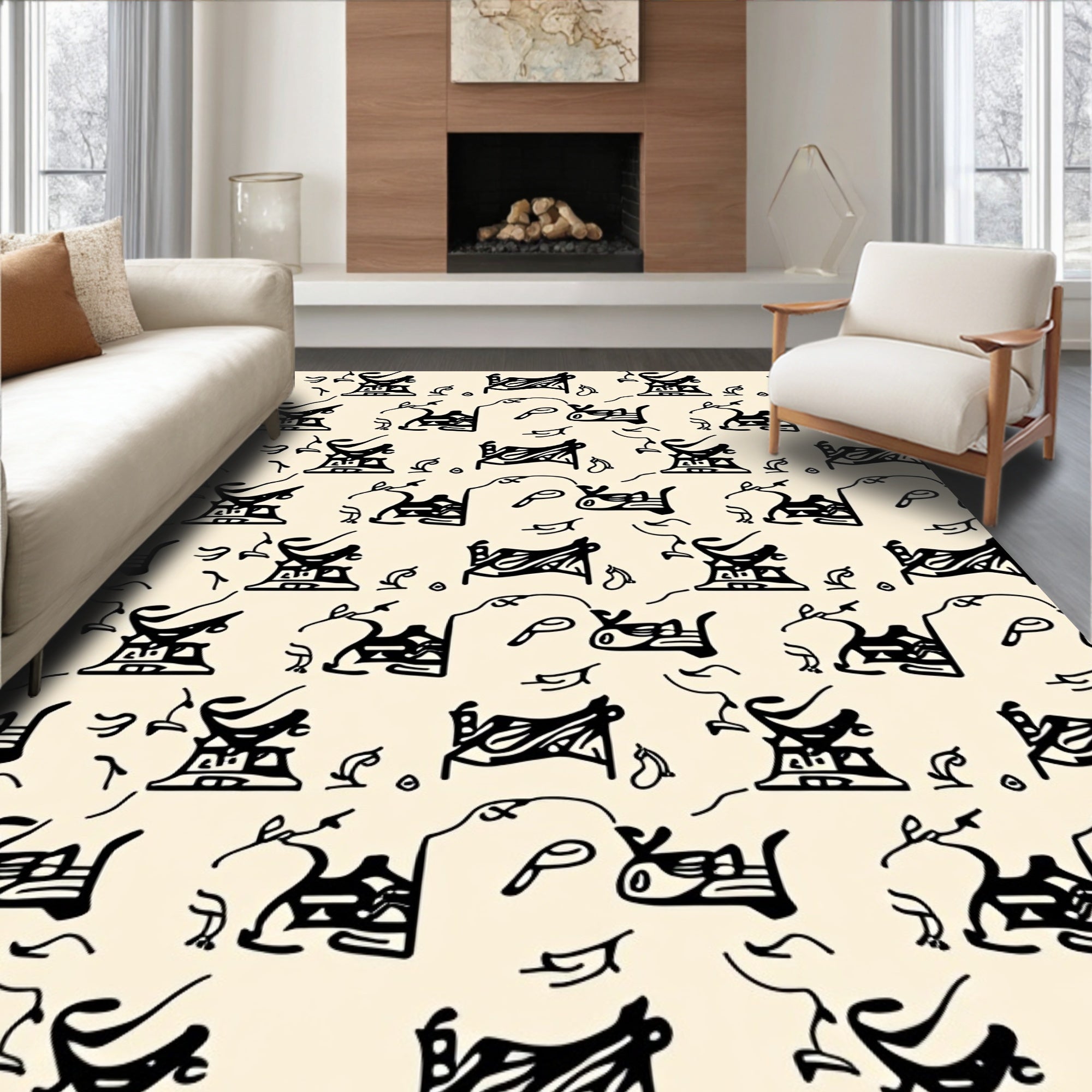 Abstract Sculptural Black White Pattern Rug