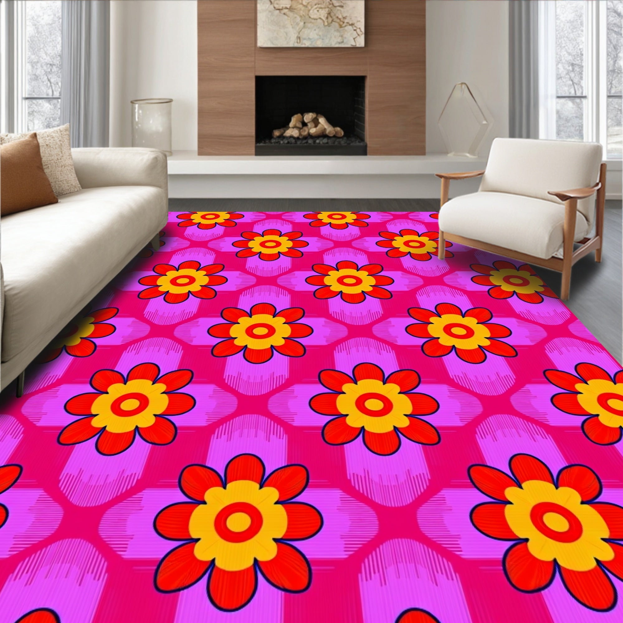 Vibrant Flower Patterned Pink Rug