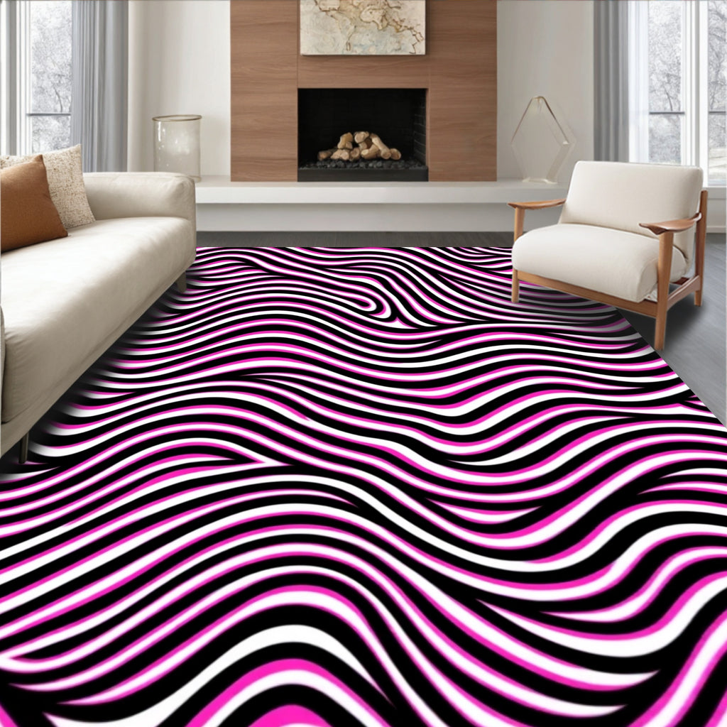 Bold Pink White Black Wavy Stripes Rug