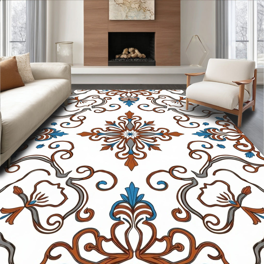 Orange Blue Scroll Nouveau Pattern Rug