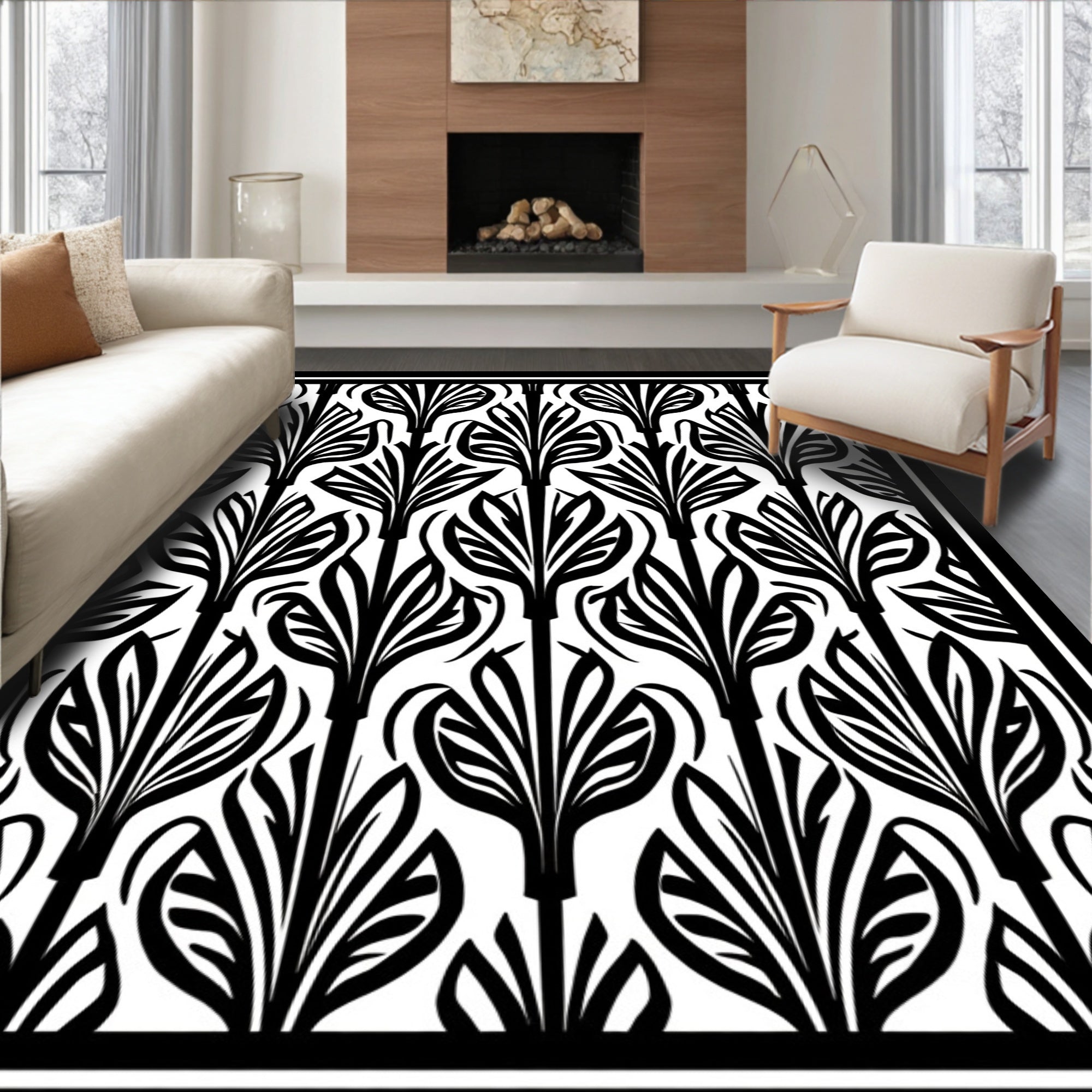 Black and White Floral Art Deco Rug