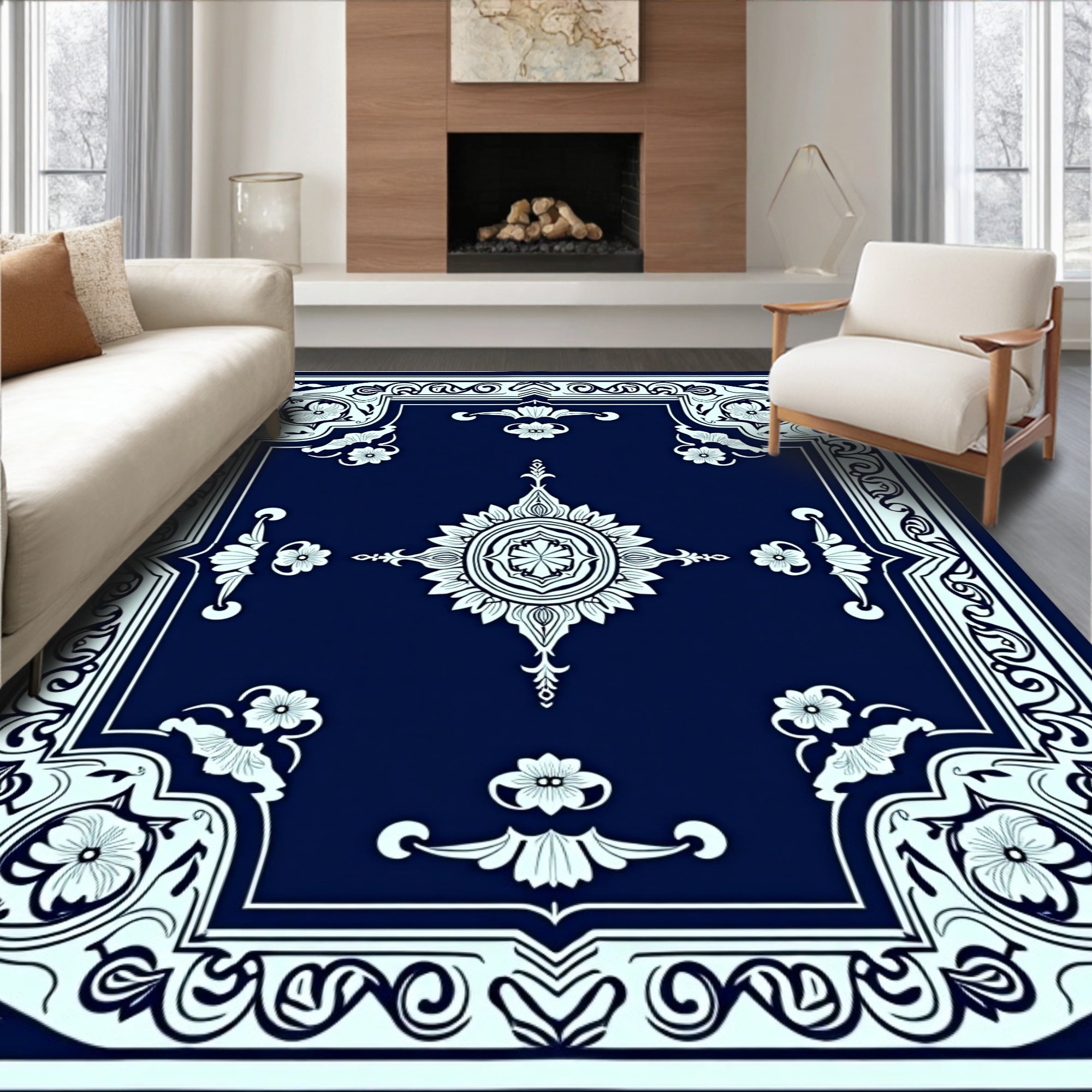Dark Blue Floral Medallion Pattern Rug