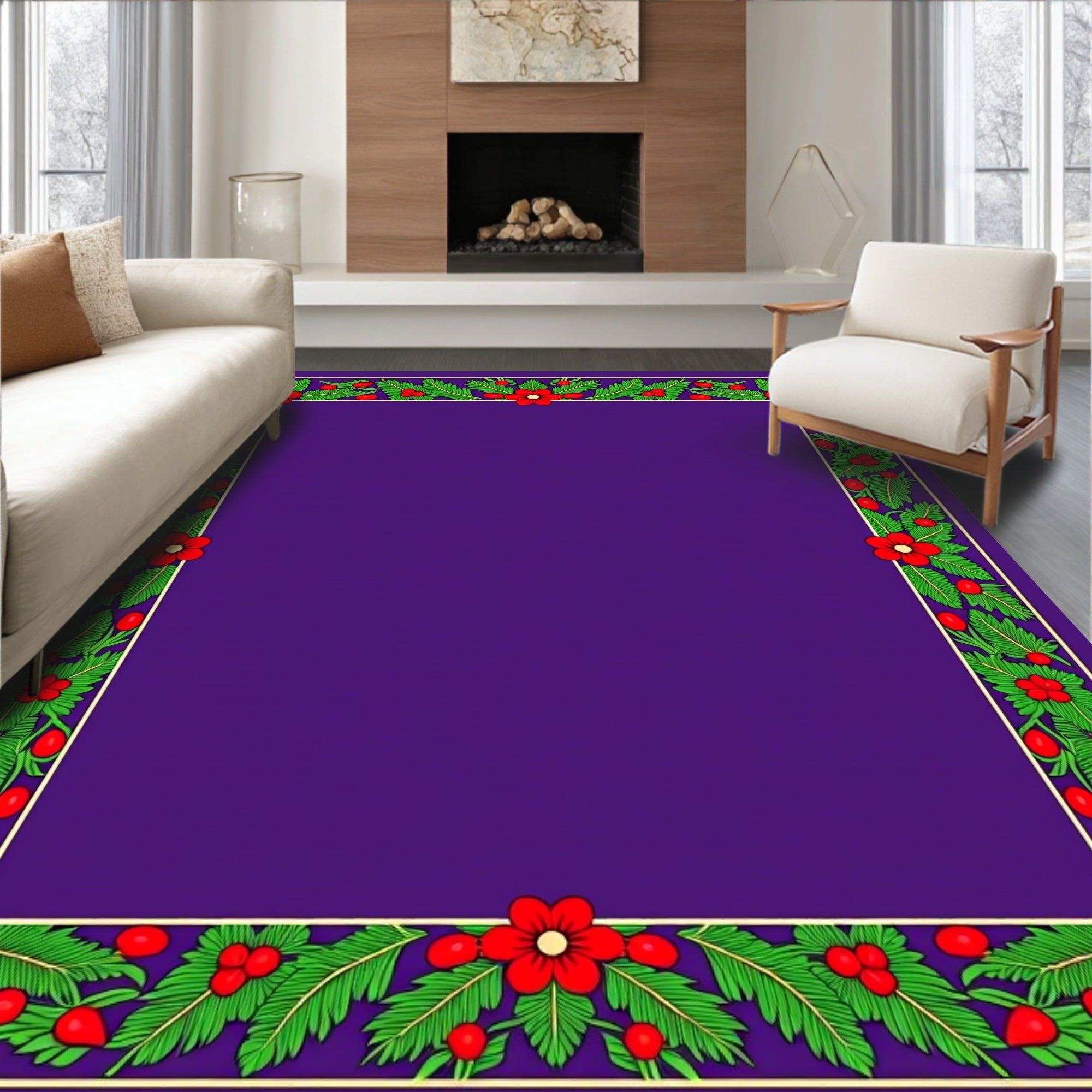 Floral Berry Leaf Border Design Rug