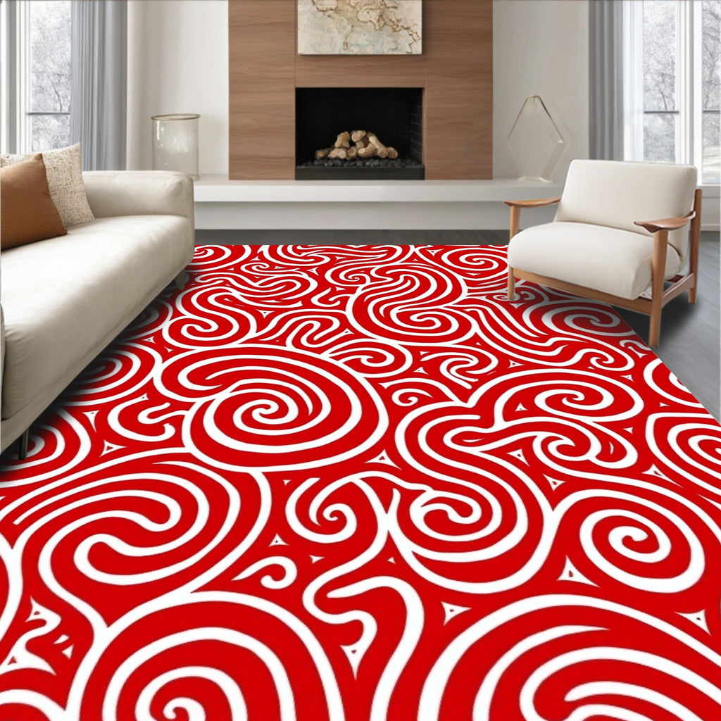 Crimson White Swirl Pattern Rug