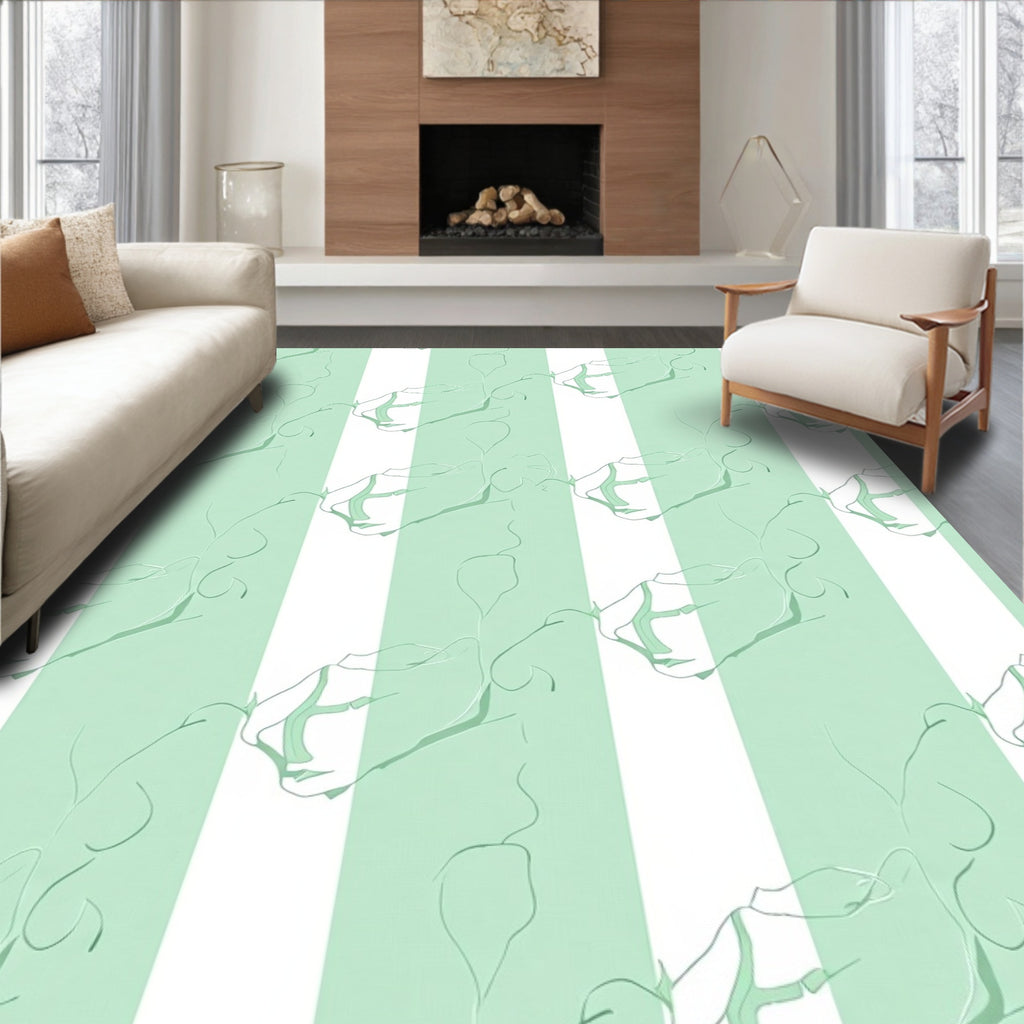 Mint Striped Floral Line Art Rug