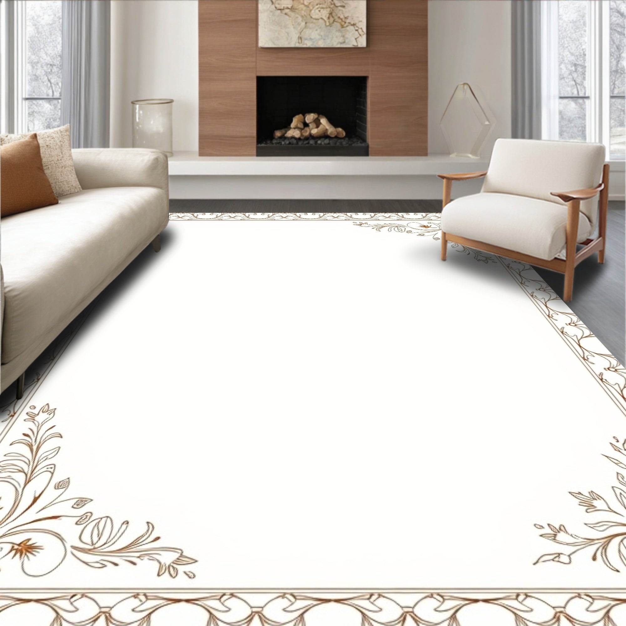Elegant Brown Floral Vine Frame Design Rug