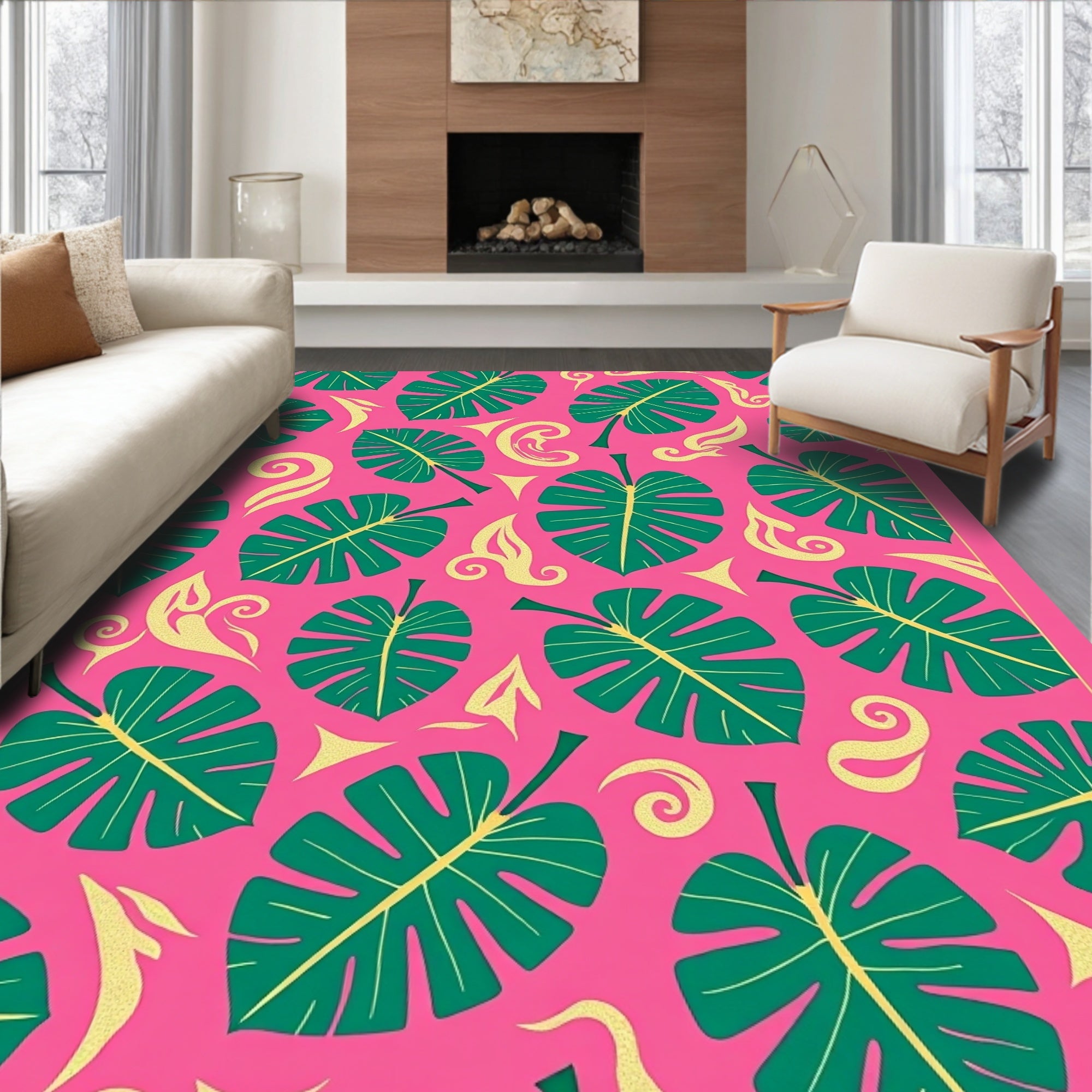 Lush Green Monstera Garden Pink Rug