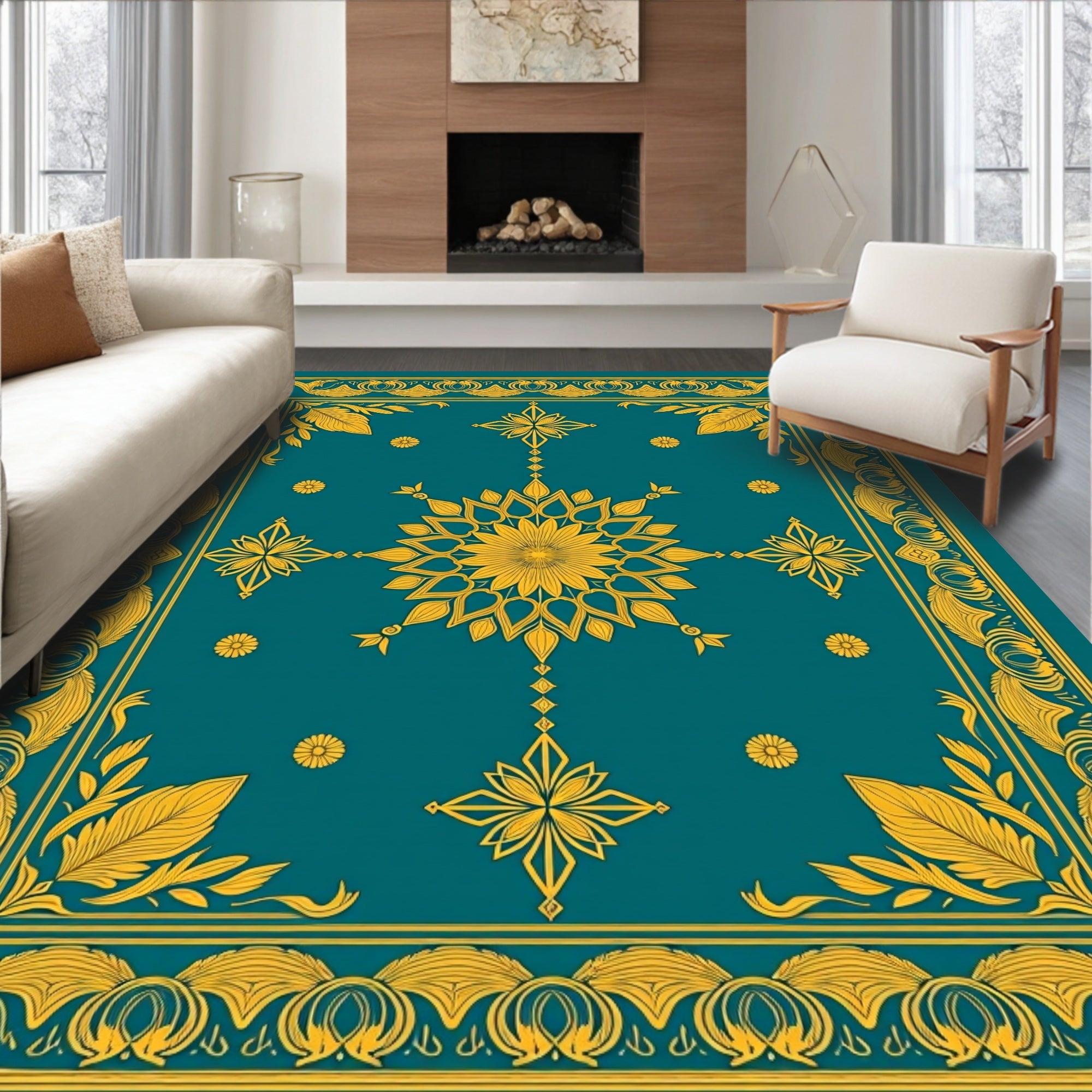 Ornate Teal Gold Floral Medallion Rug