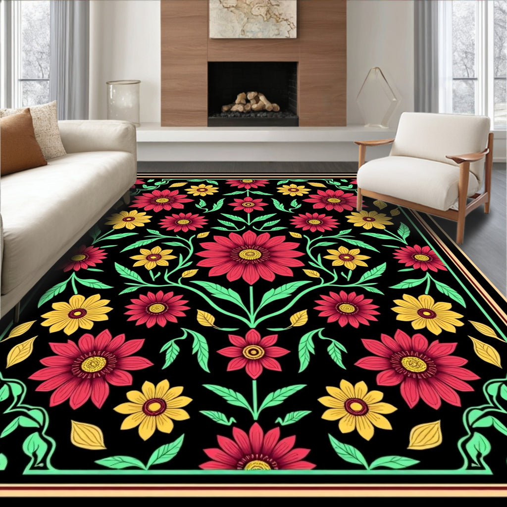 Floral Vine Red Yellow Pattern Rug
