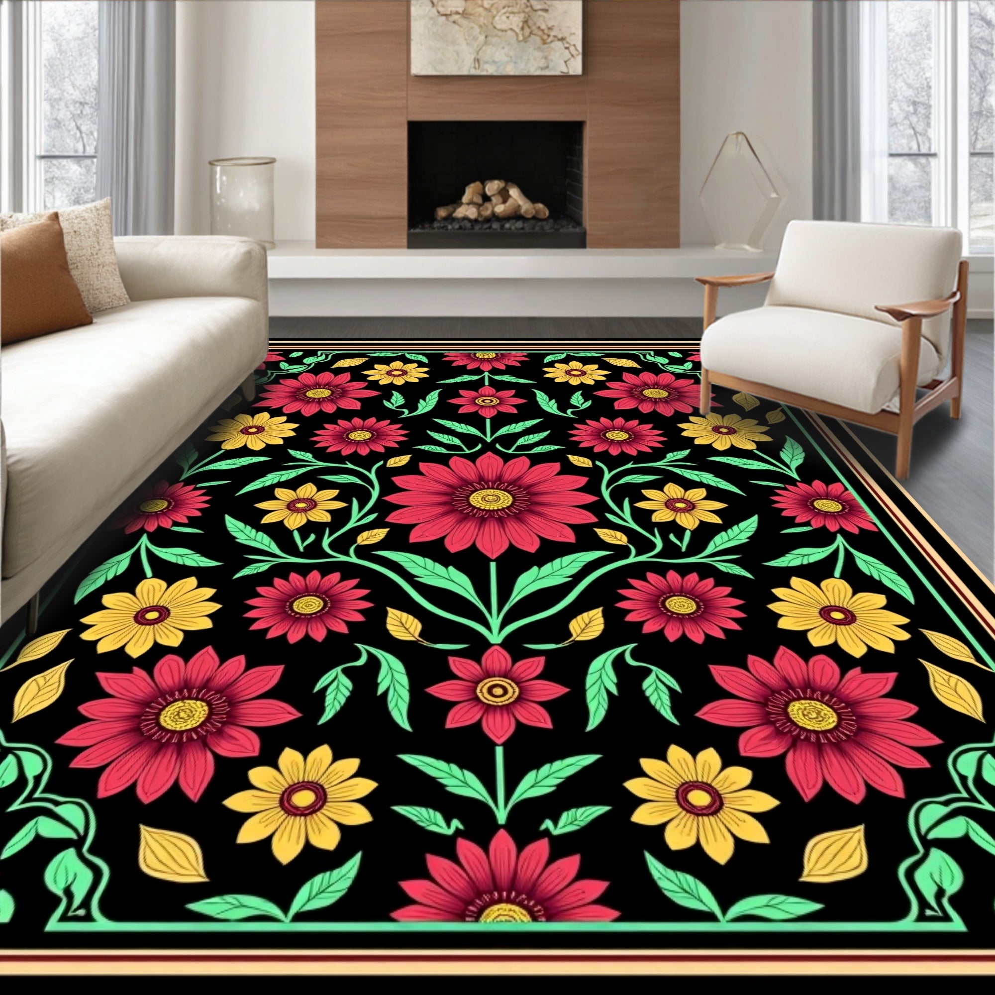 Floral Vine Red Yellow Pattern Rug