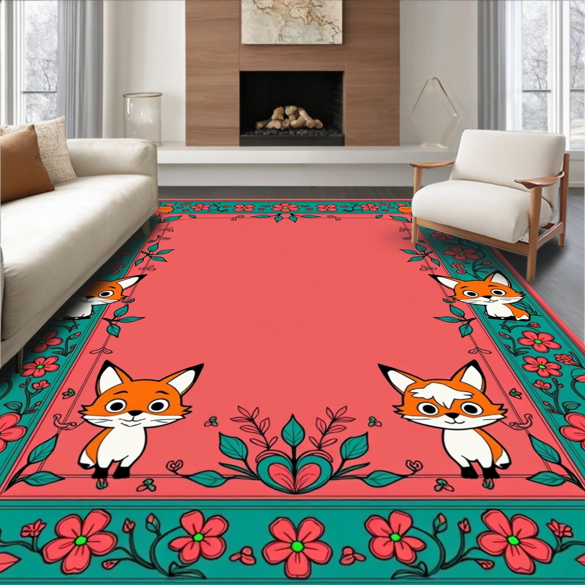 Playful Fox and Floral Border Design Rug