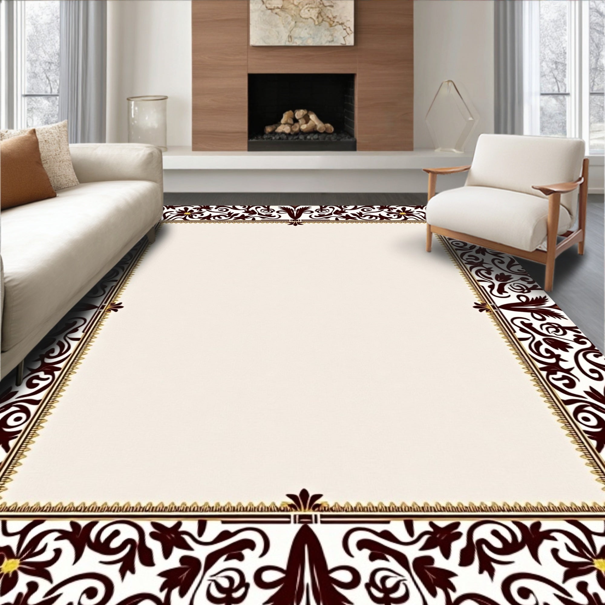 Ornate Floral Border Pattern Rug