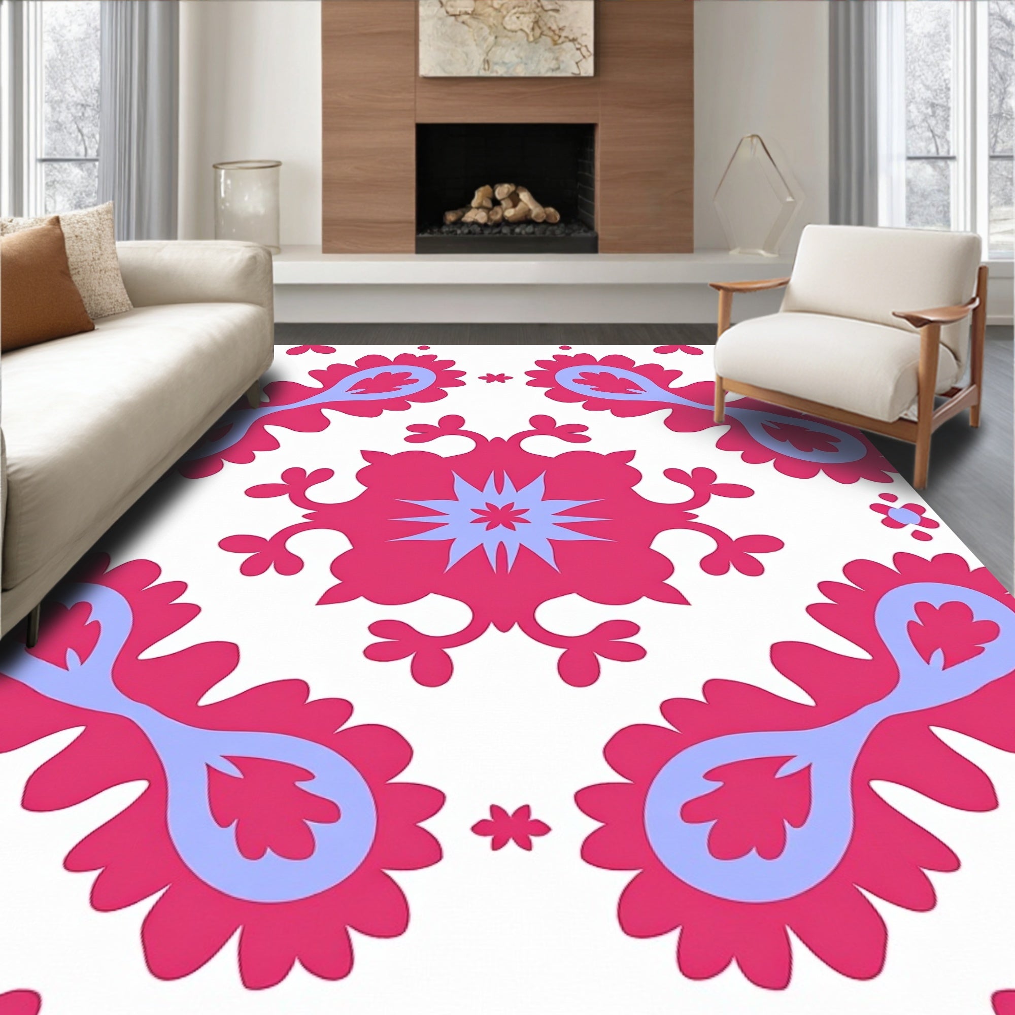 Pink Blue Floral Medallion Pattern Rug