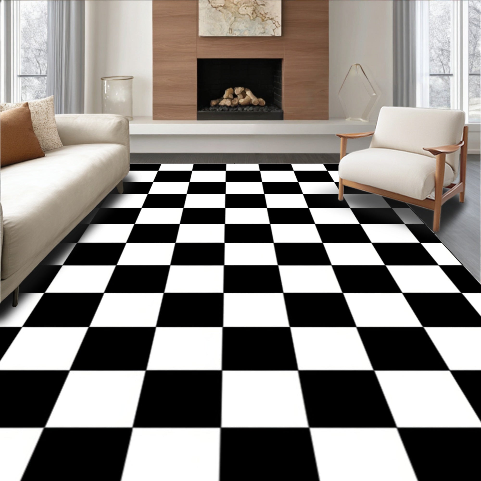 Bold Black White Checkered Pattern Rug