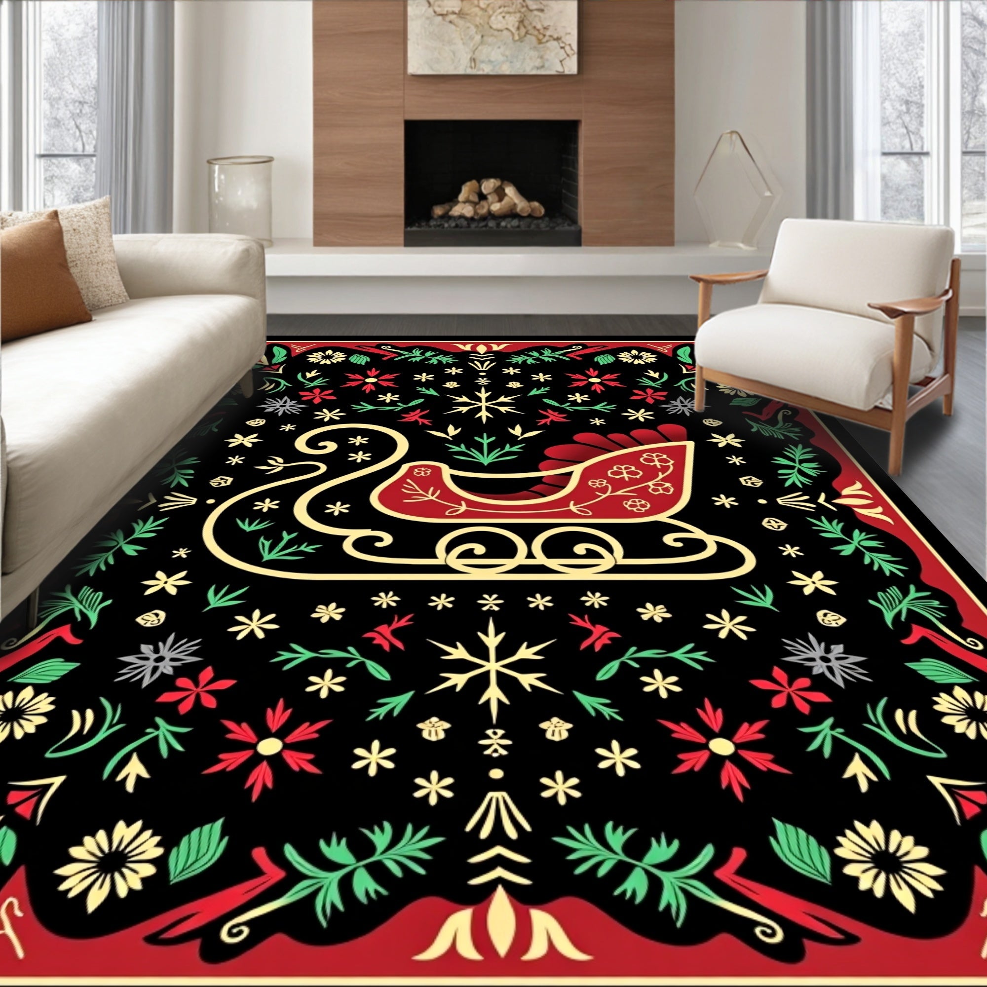 Festive Red Sleigh Floral Garland Rug