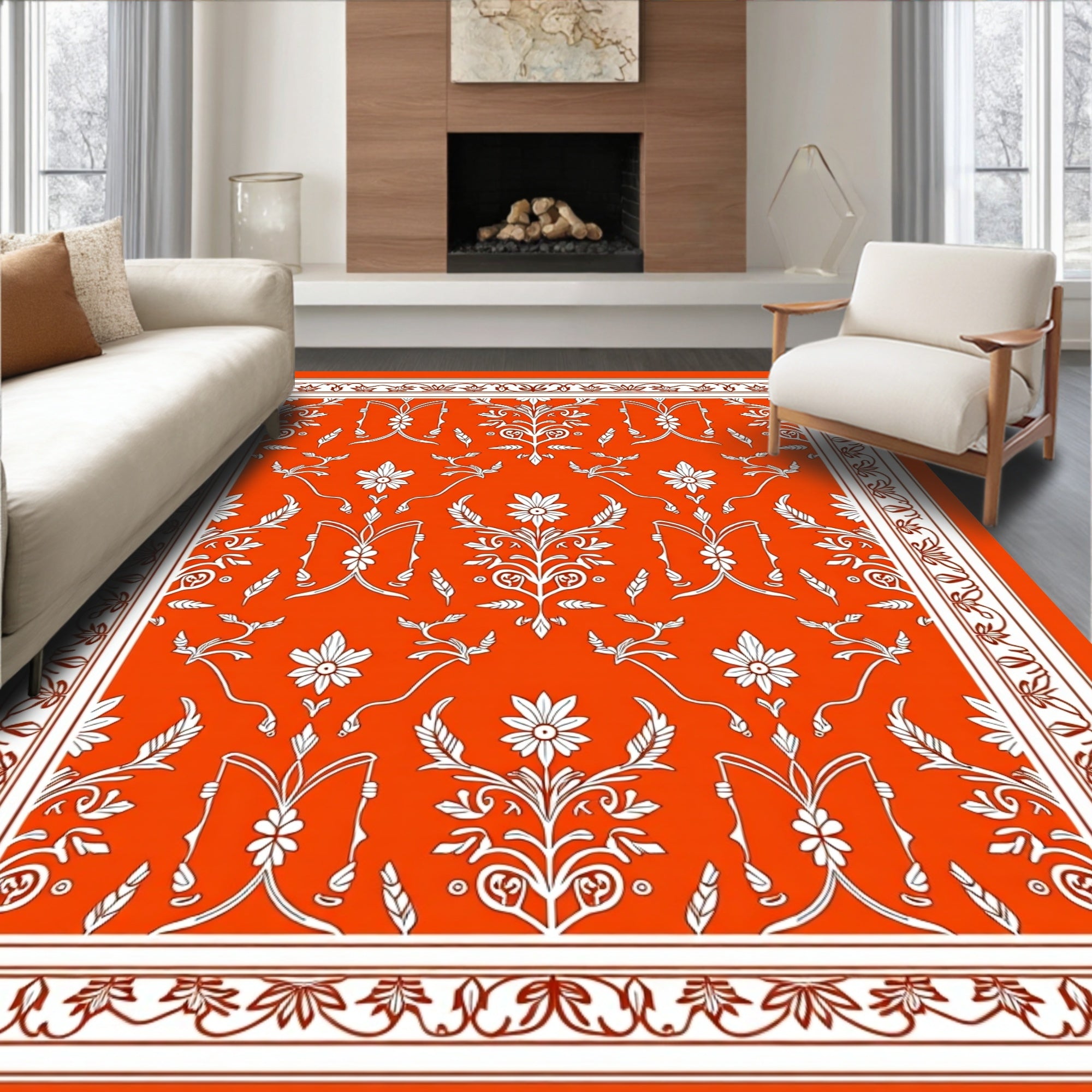 Classic Orange Floral Motif Pattern Rug