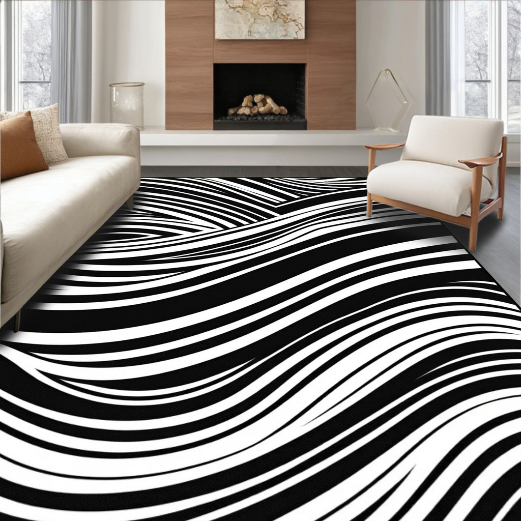 Abstract Black White Wave Pattern Rug